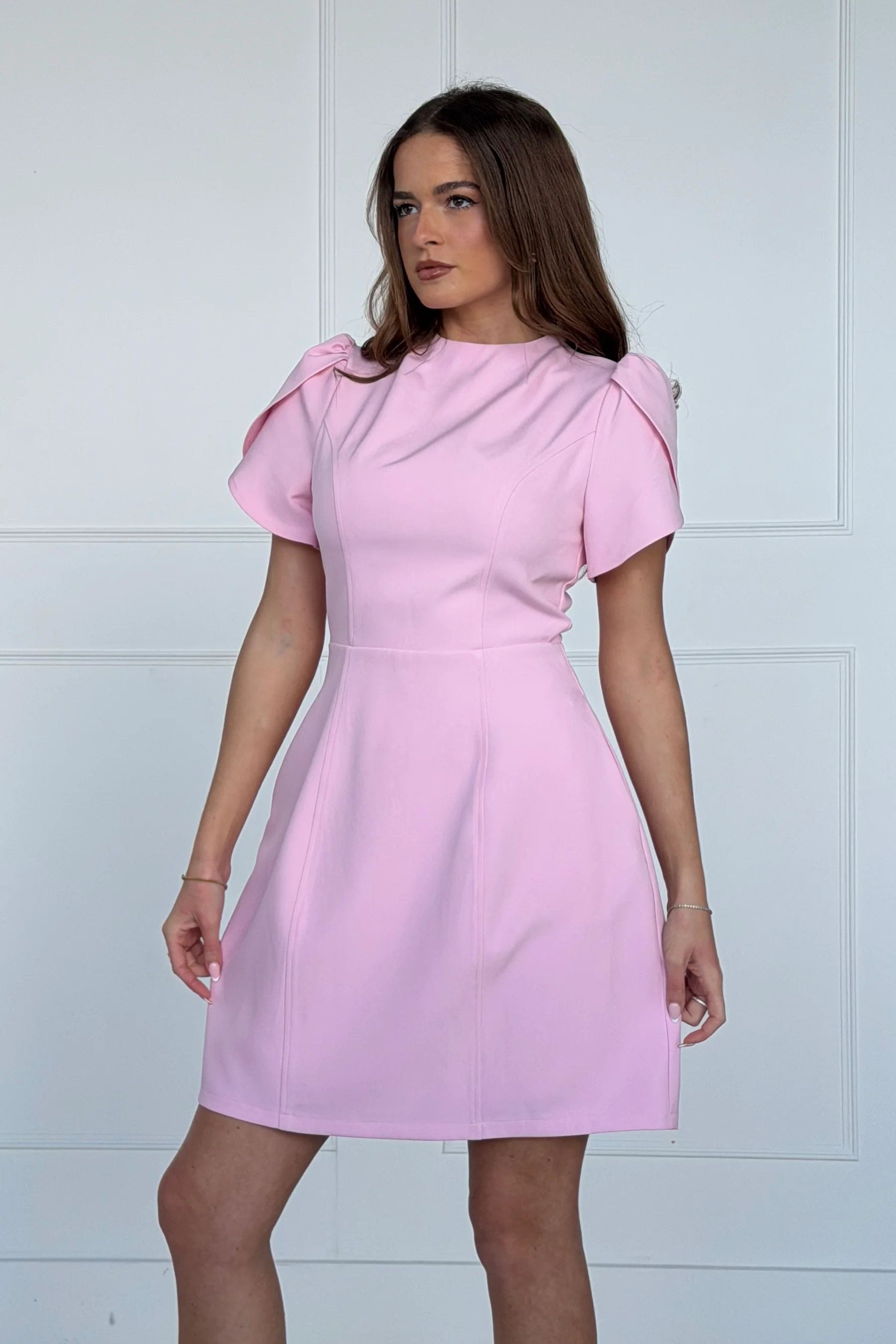 Ami Tulip Sleeve High Neck Mini Dress Pink - Image 5
