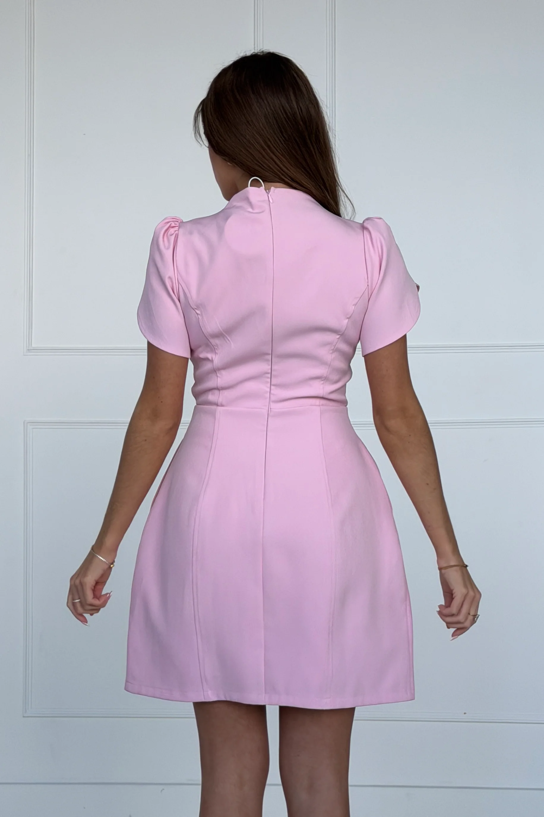 Ami Tulip Sleeve High Neck Mini Dress Pink - Image 6