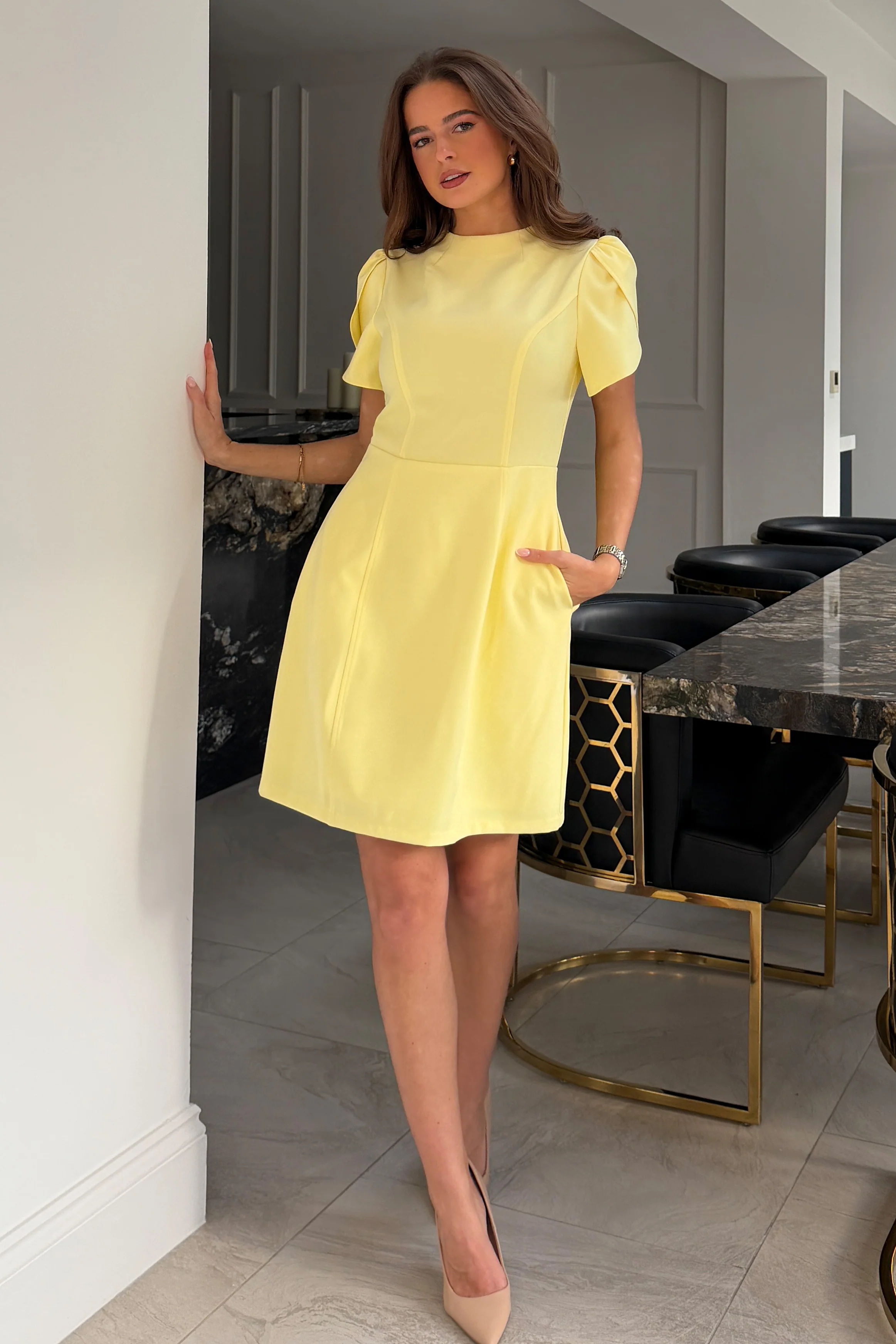 Ami Tulip Sleeve High Neck Mini Dress Yellow - Image 2