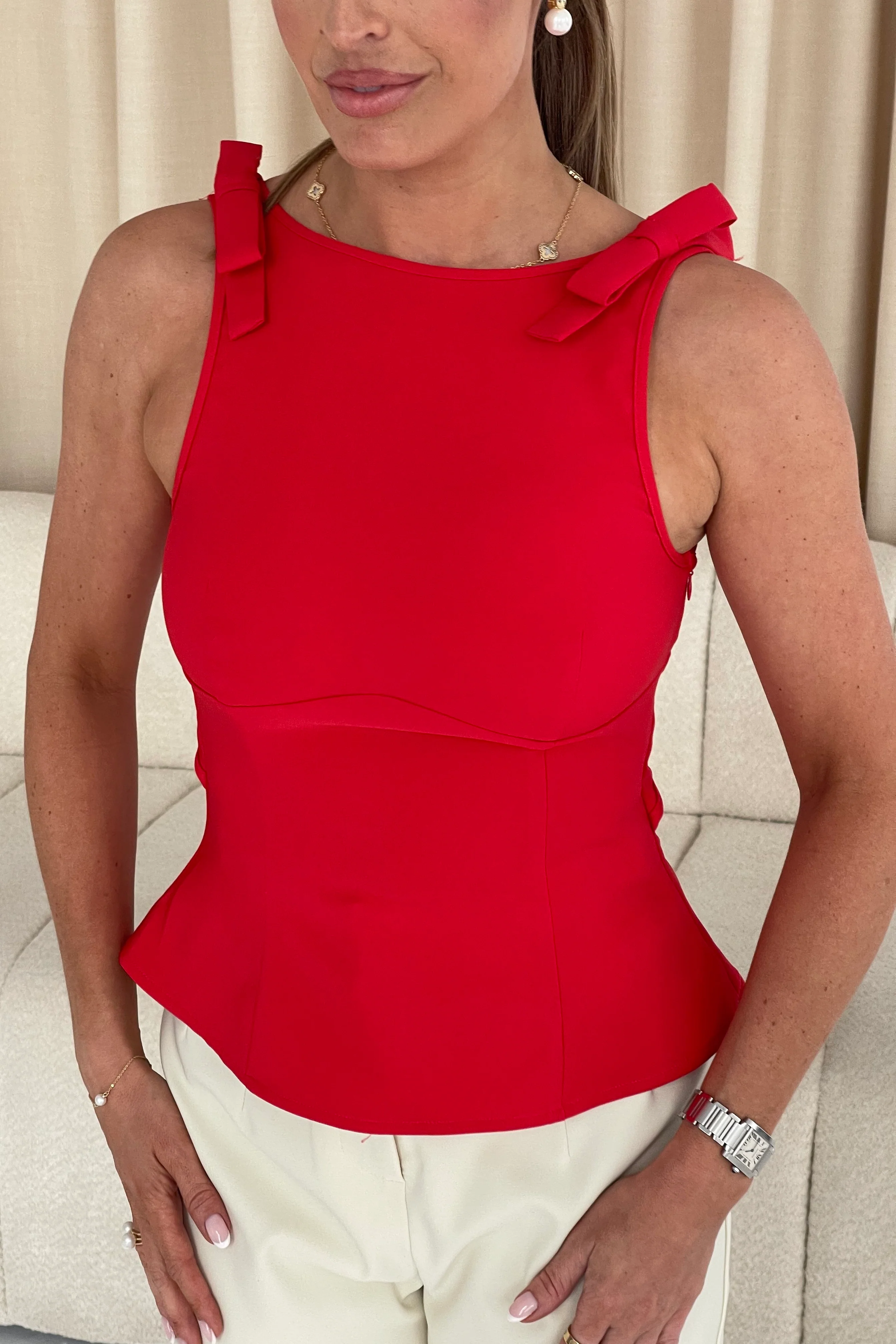 Andrea Bow Detail Structured Top Red - Image 2