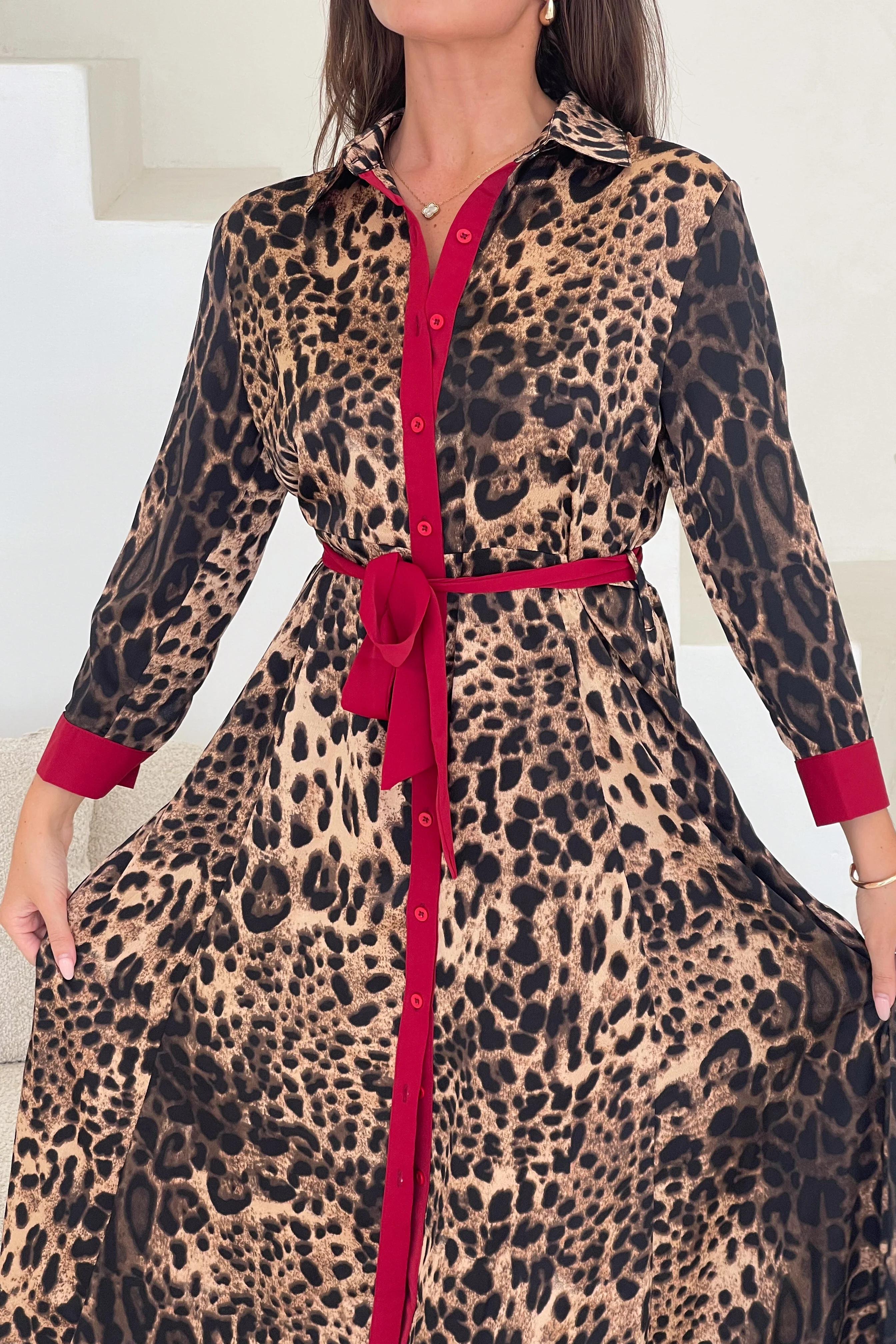 Angela Leopard Print Red Shirt Maxi Dress - Image 2