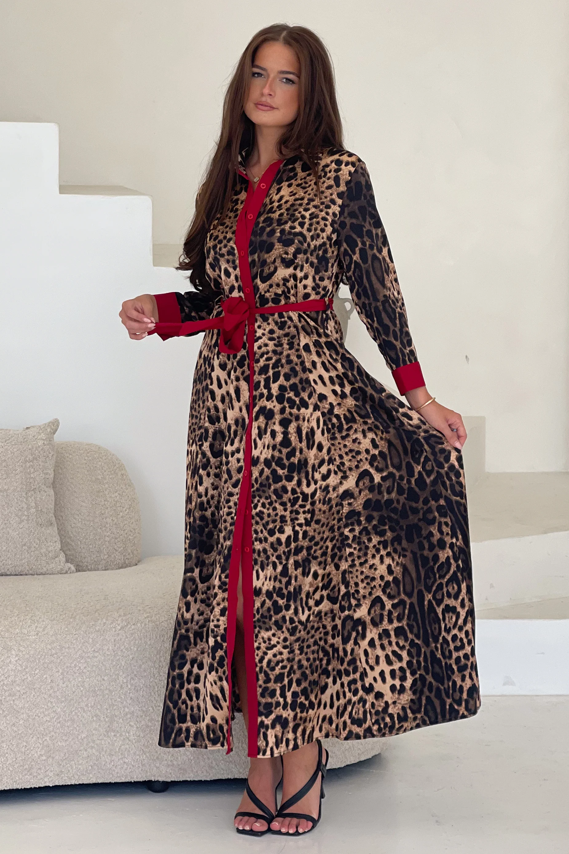 Angela Leopard Print Red Shirt Maxi Dress - Image 3