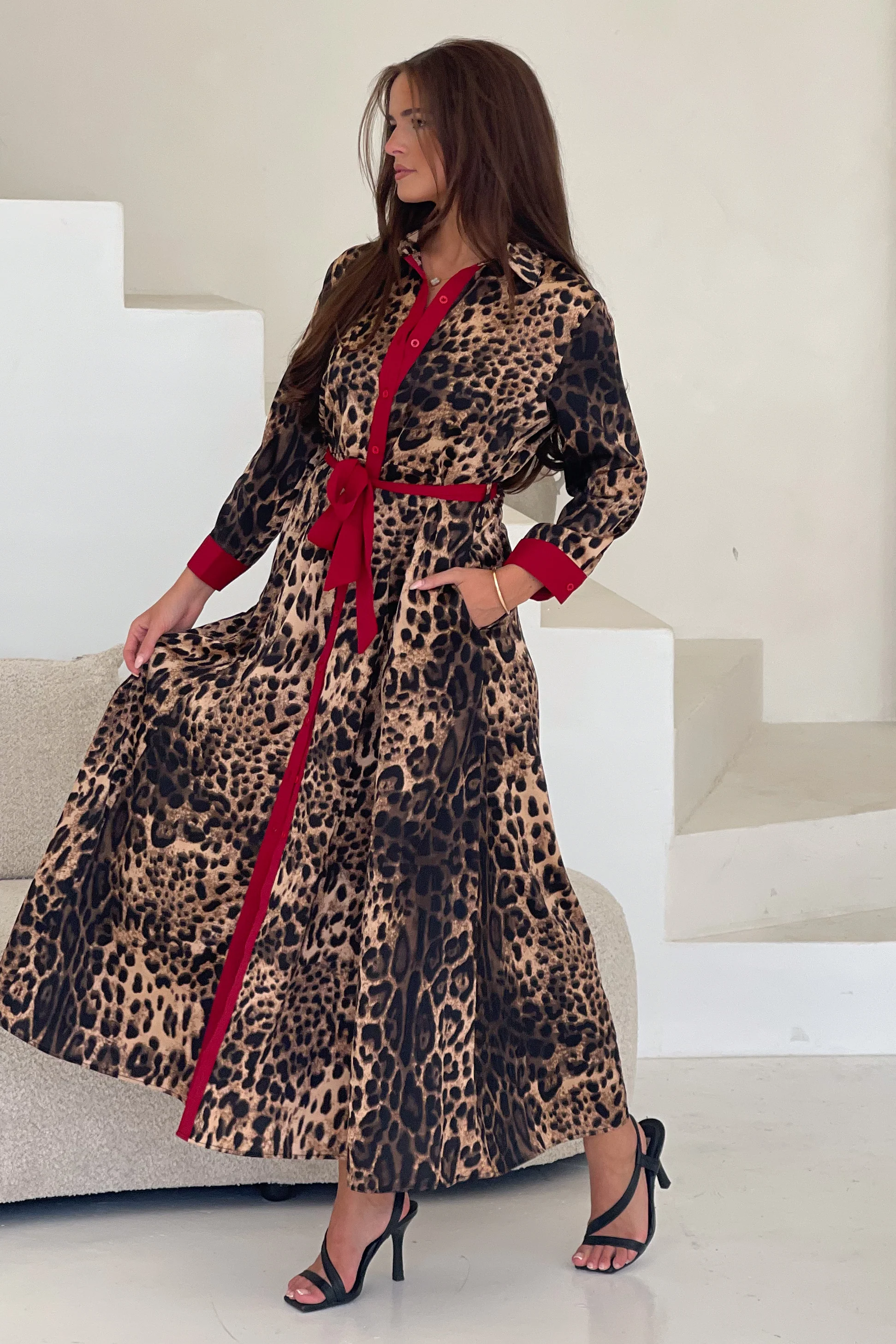 Angela Leopard Print Red Shirt Maxi Dress - Image 4