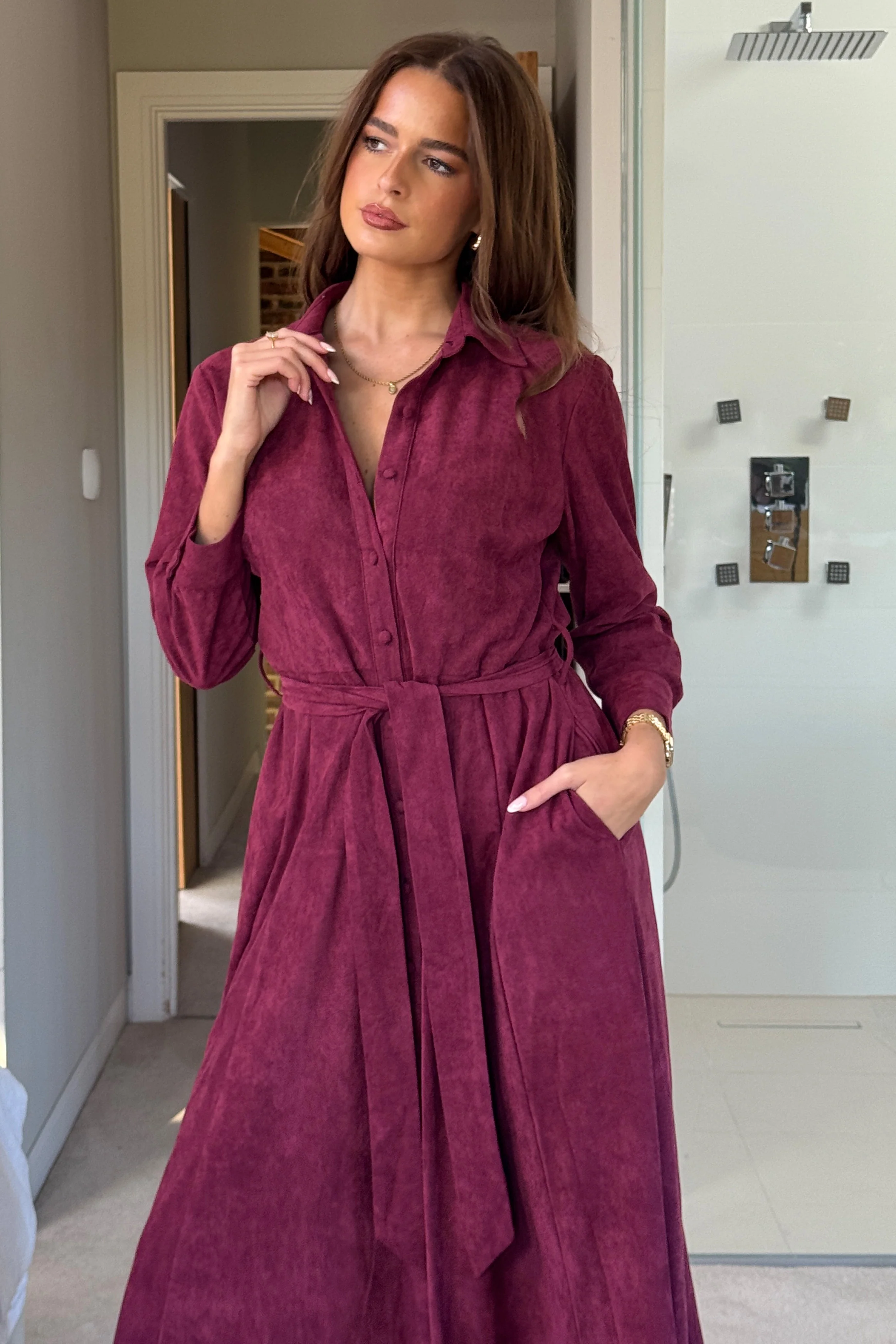 Angela Long Sleeve Maxi Shirt Dress Berry Suede - Image 3