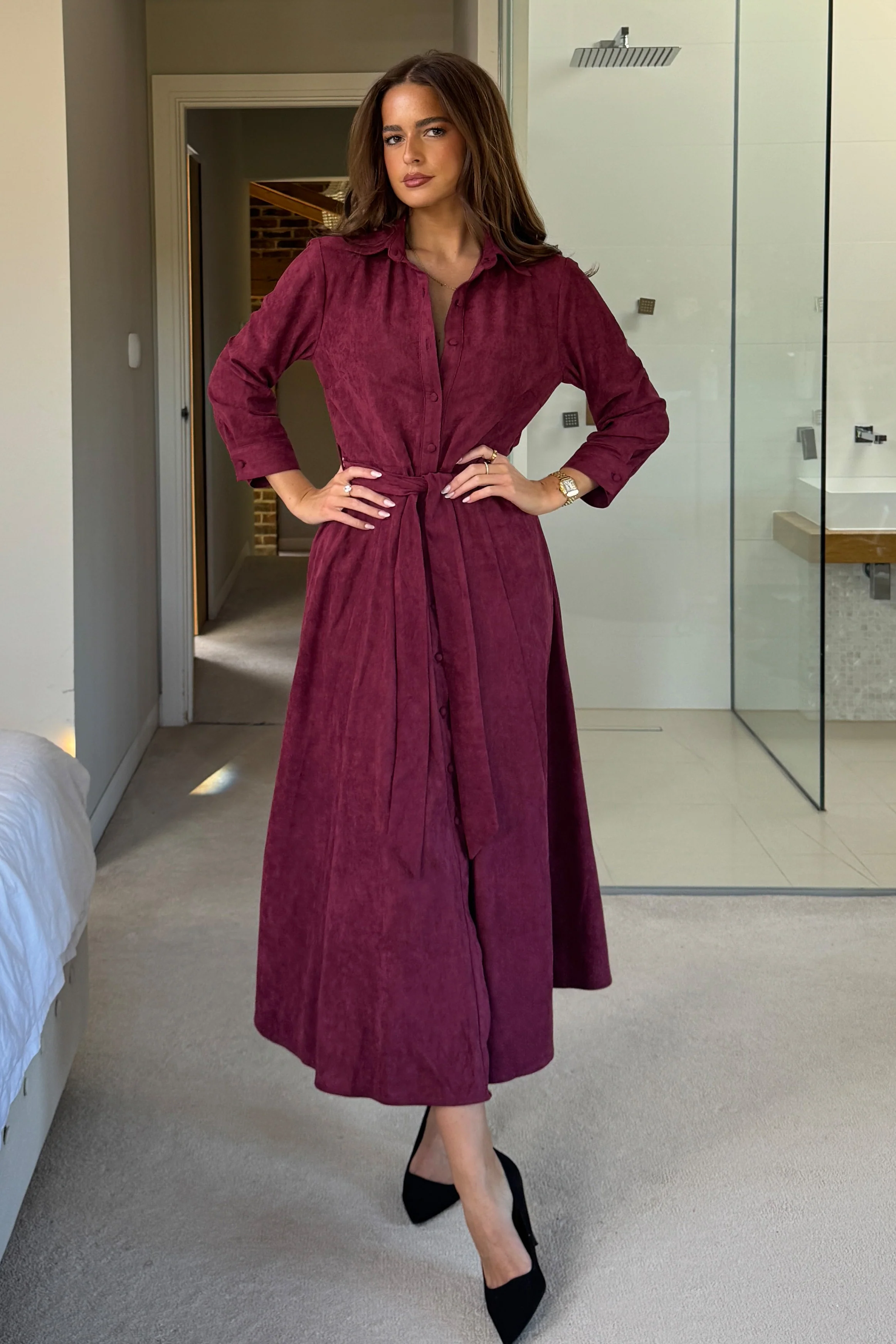 Angela Long Sleeve Maxi Shirt Dress Berry Suede - Image 4