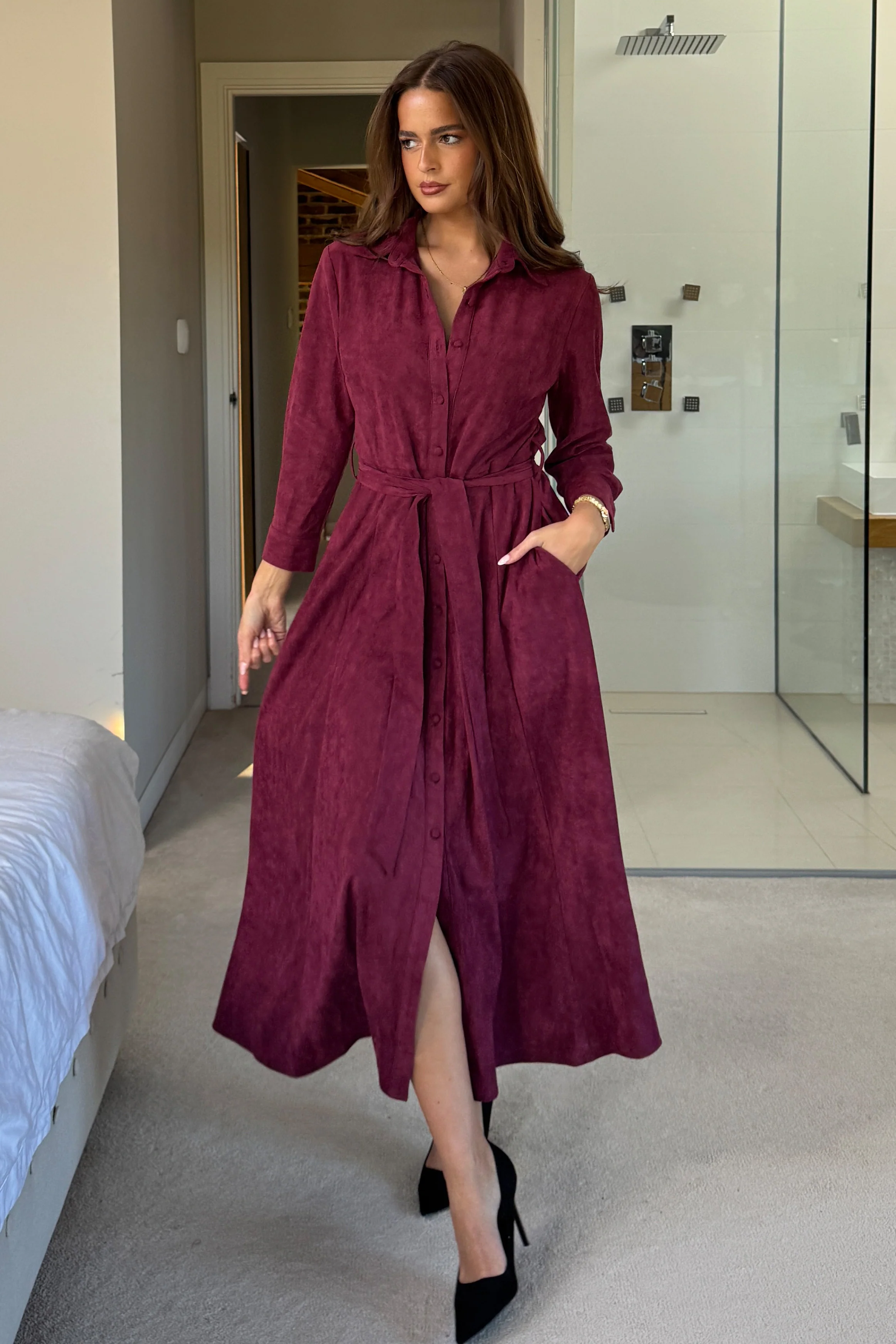 Angela Long Sleeve Maxi Shirt Dress Berry Suede - Image 5