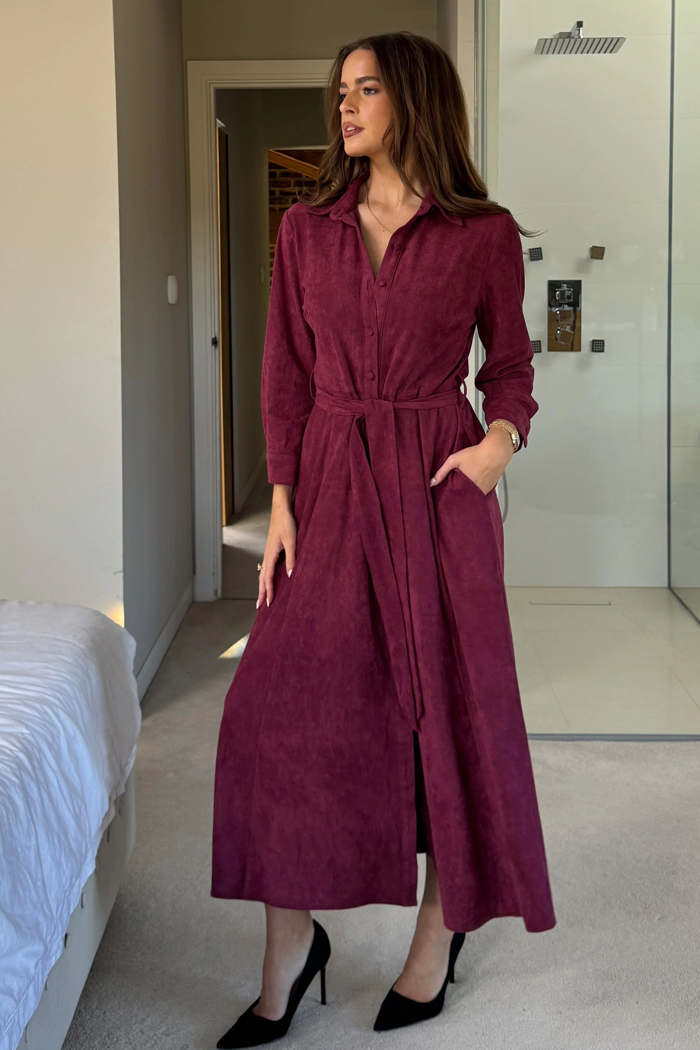Angela Long Sleeve Maxi Shirt Dress Berry Suede - Image 6