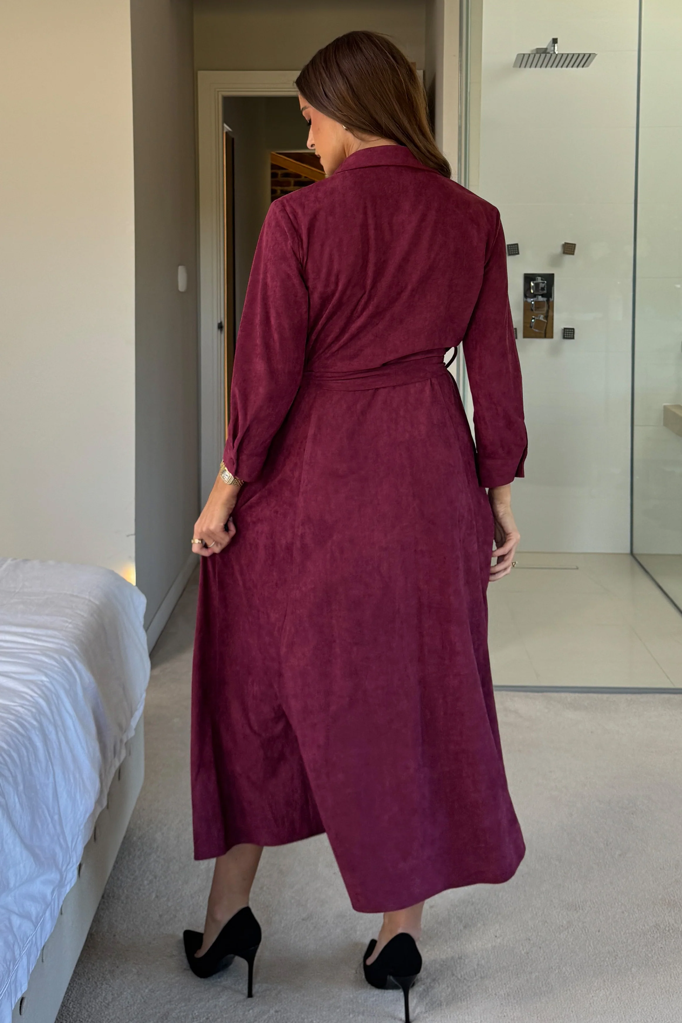 Angela Long Sleeve Maxi Shirt Dress Berry Suede - Image 7