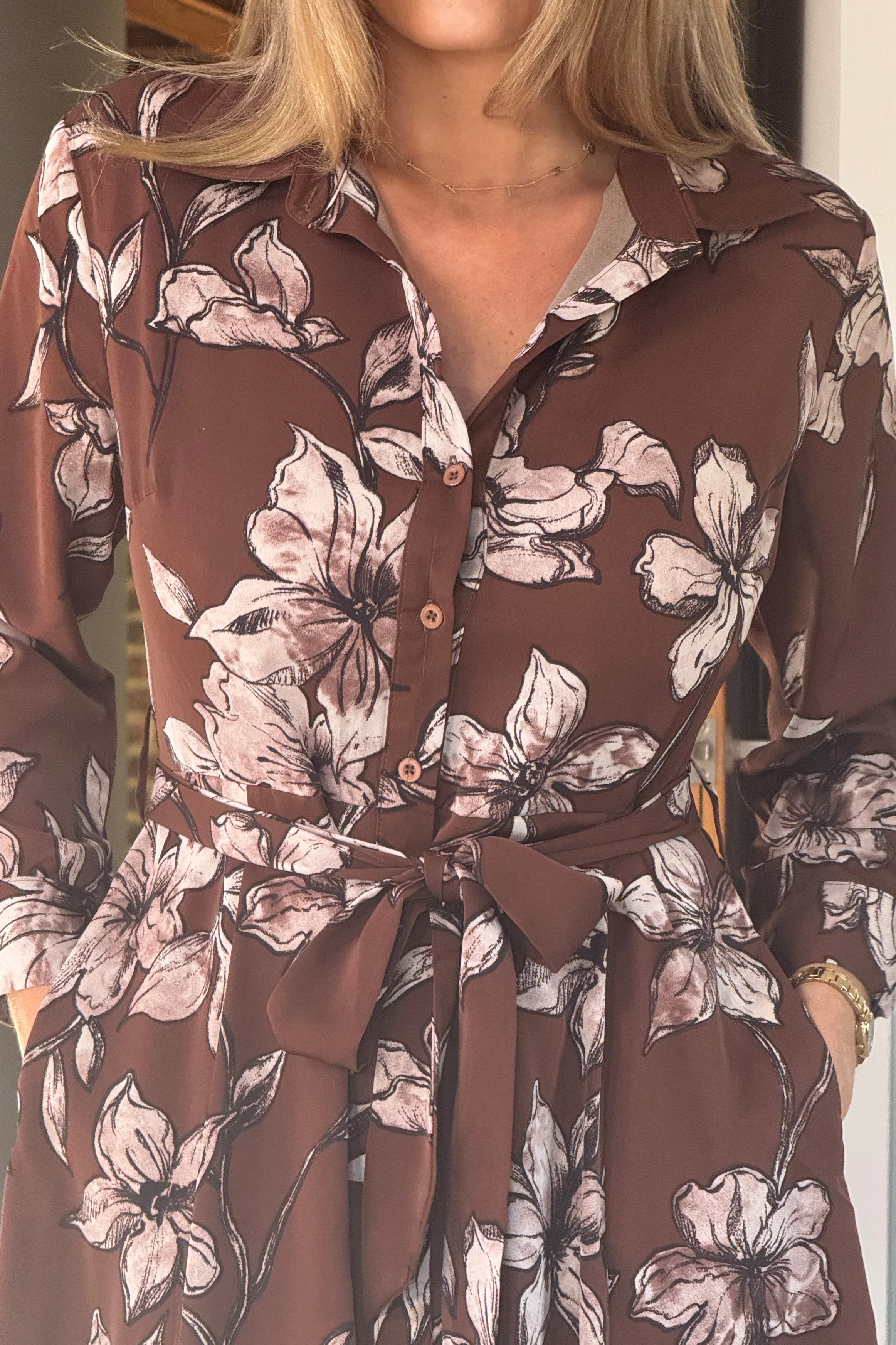 Angela Long Sleeve Maxi Shirt Dress Brown Floral - Image 2