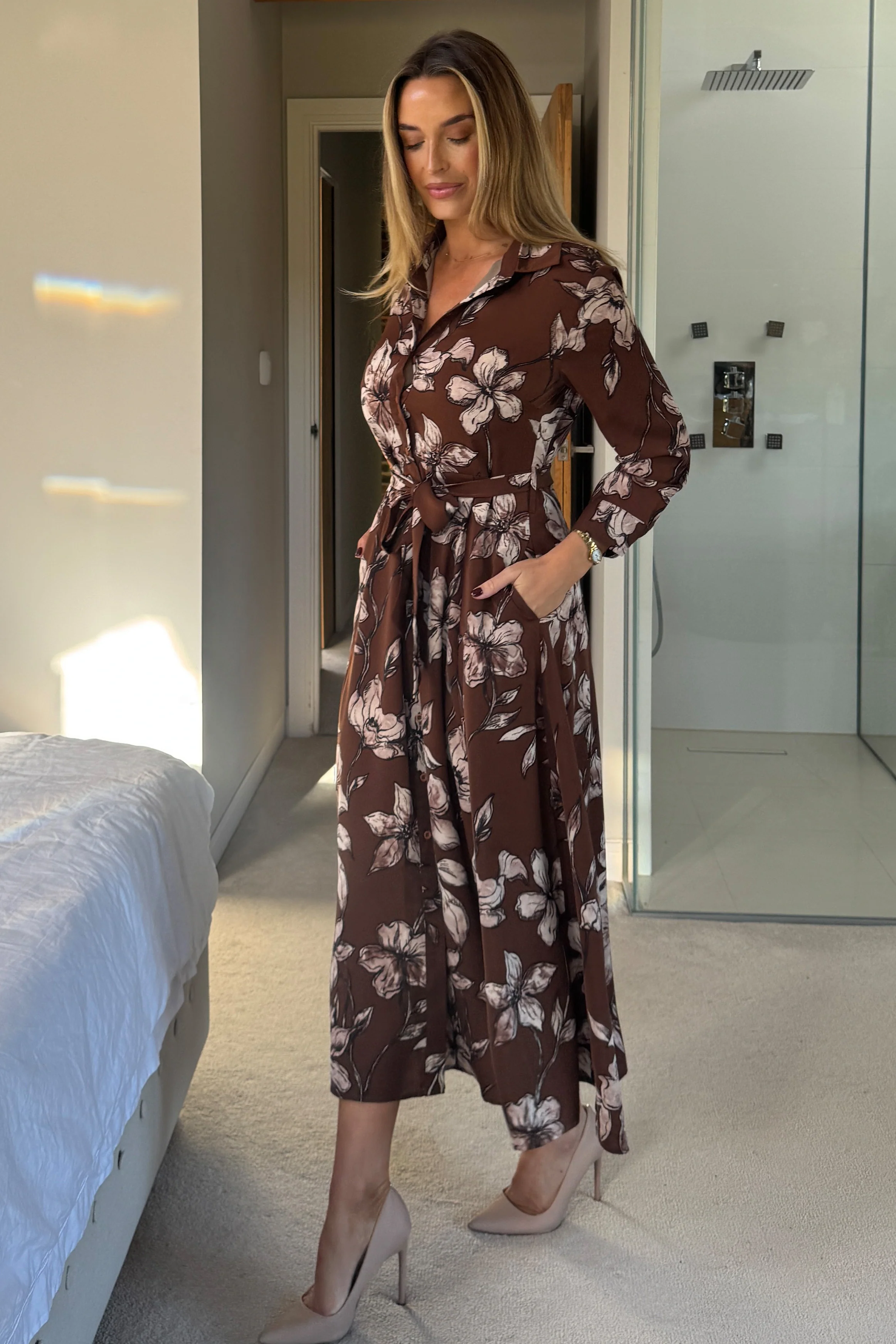 Angela Long Sleeve Maxi Shirt Dress Brown Floral - Image 5