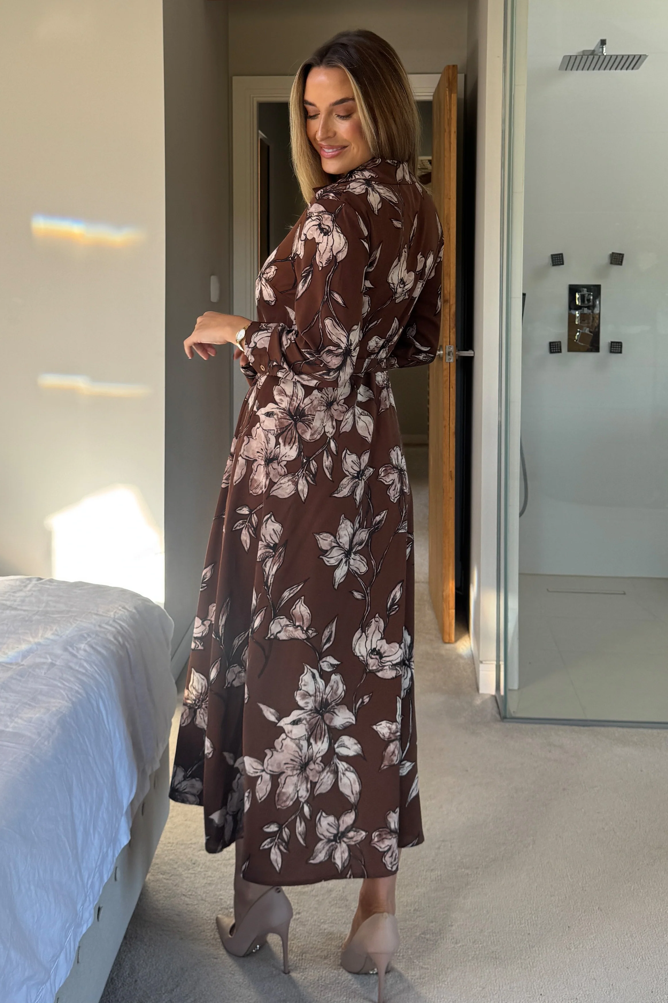 Angela Long Sleeve Maxi Shirt Dress Brown Floral - Image 6