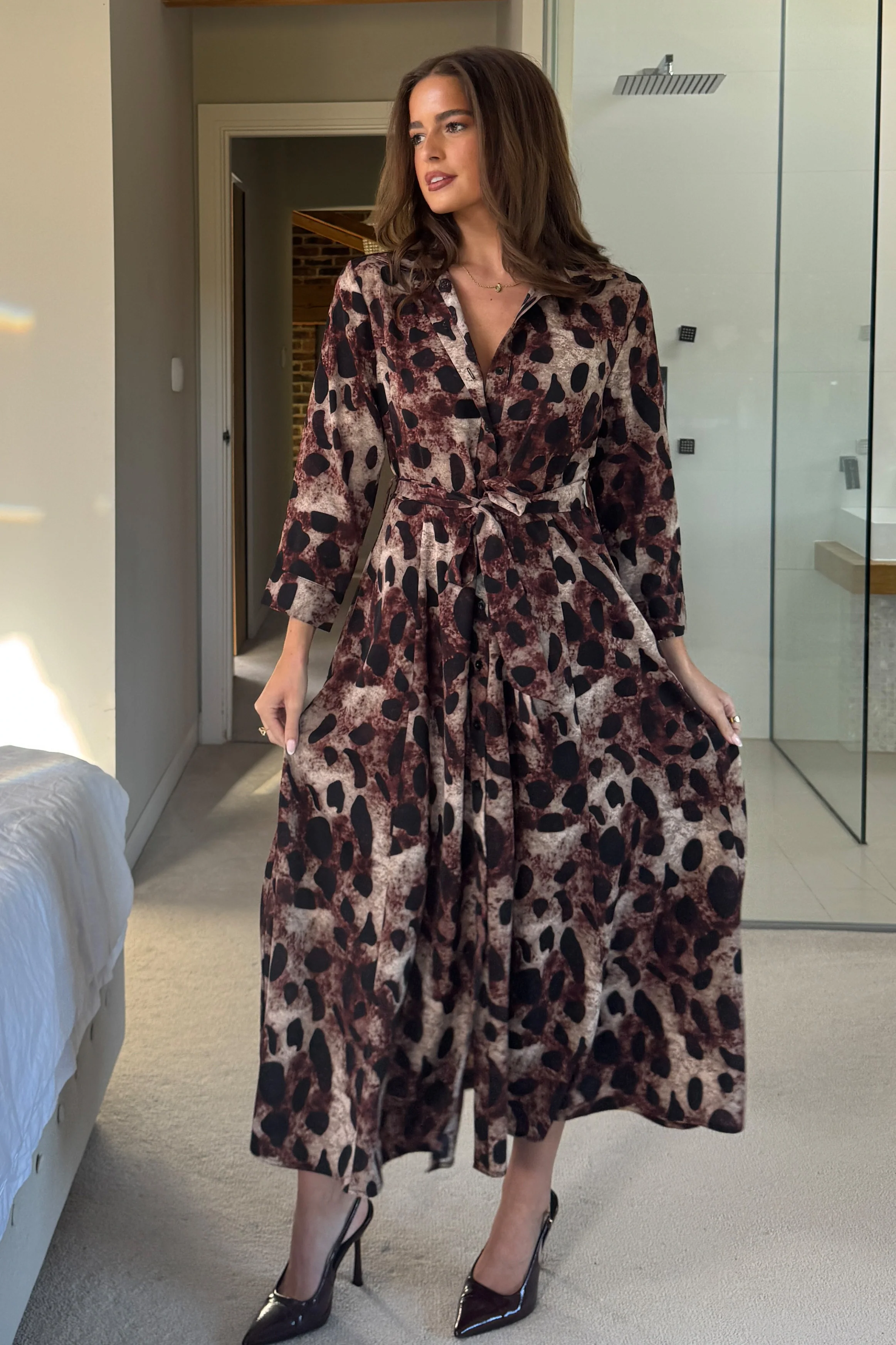 Angela Long Sleeve Maxi Shirt Dress Brown - Image 3