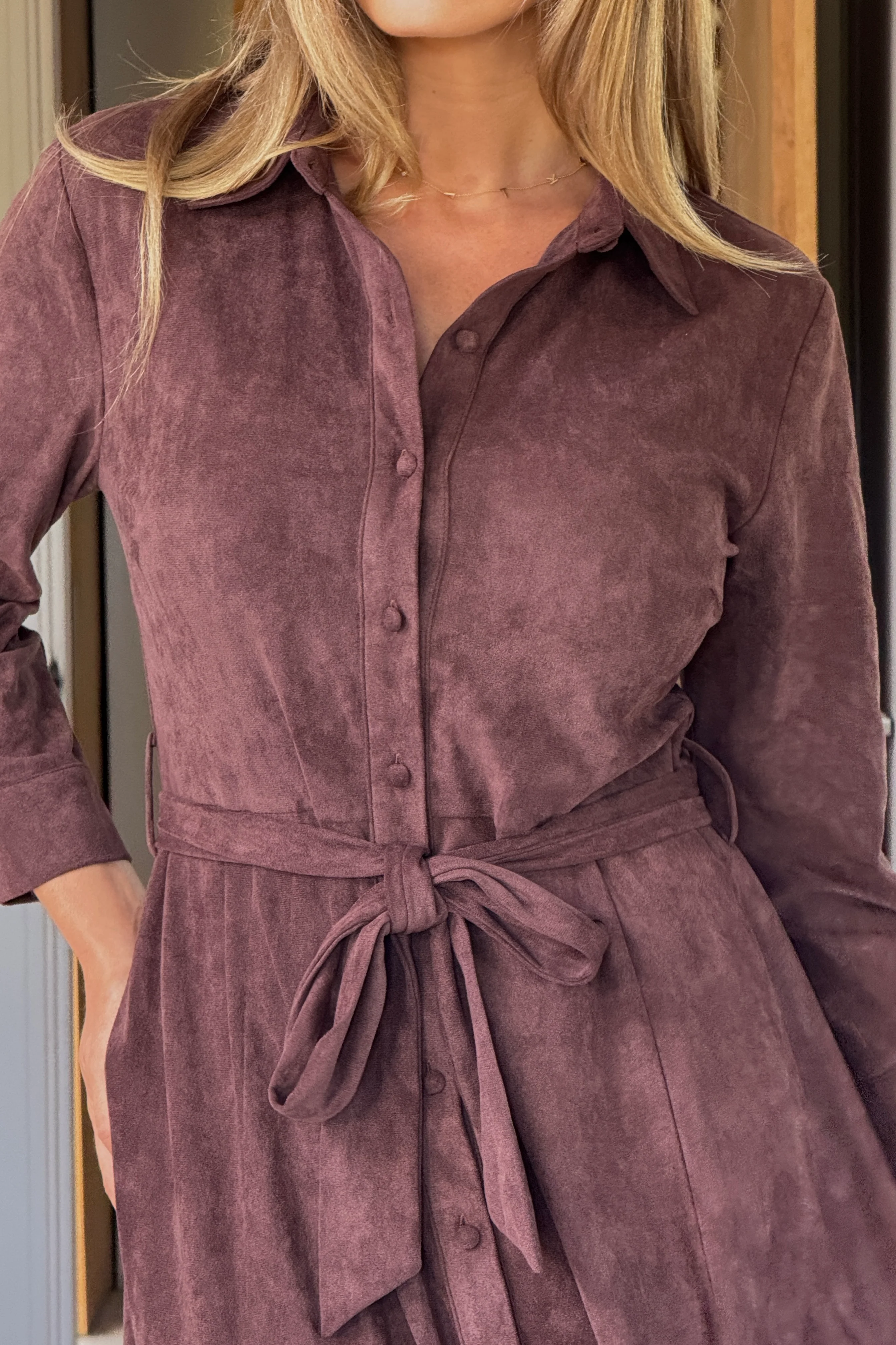 Angela Long Sleeve Maxi Shirt Dress Chocolate Suede - Image 2