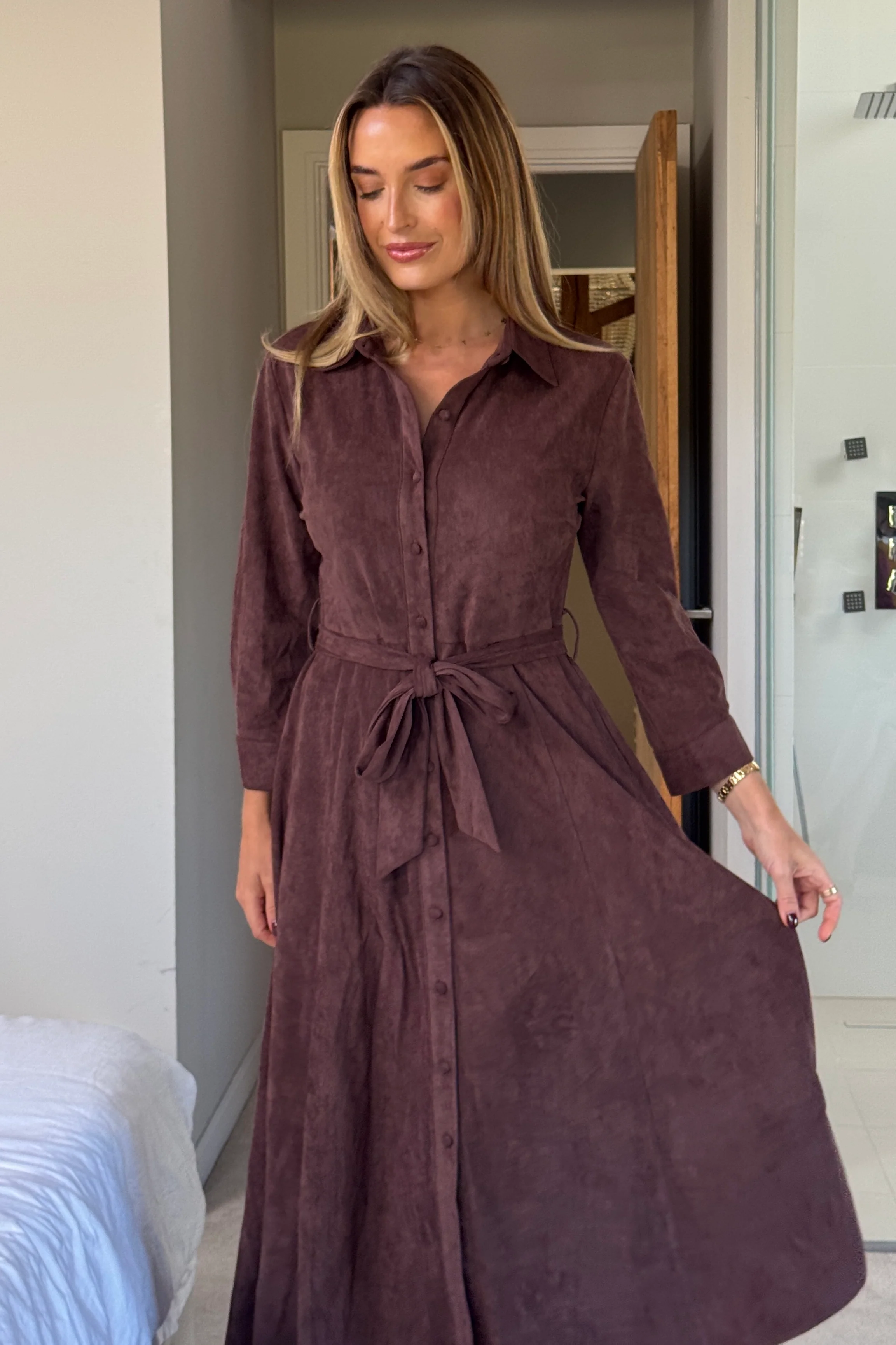 Angela Long Sleeve Maxi Shirt Dress Chocolate Suede - Image 3