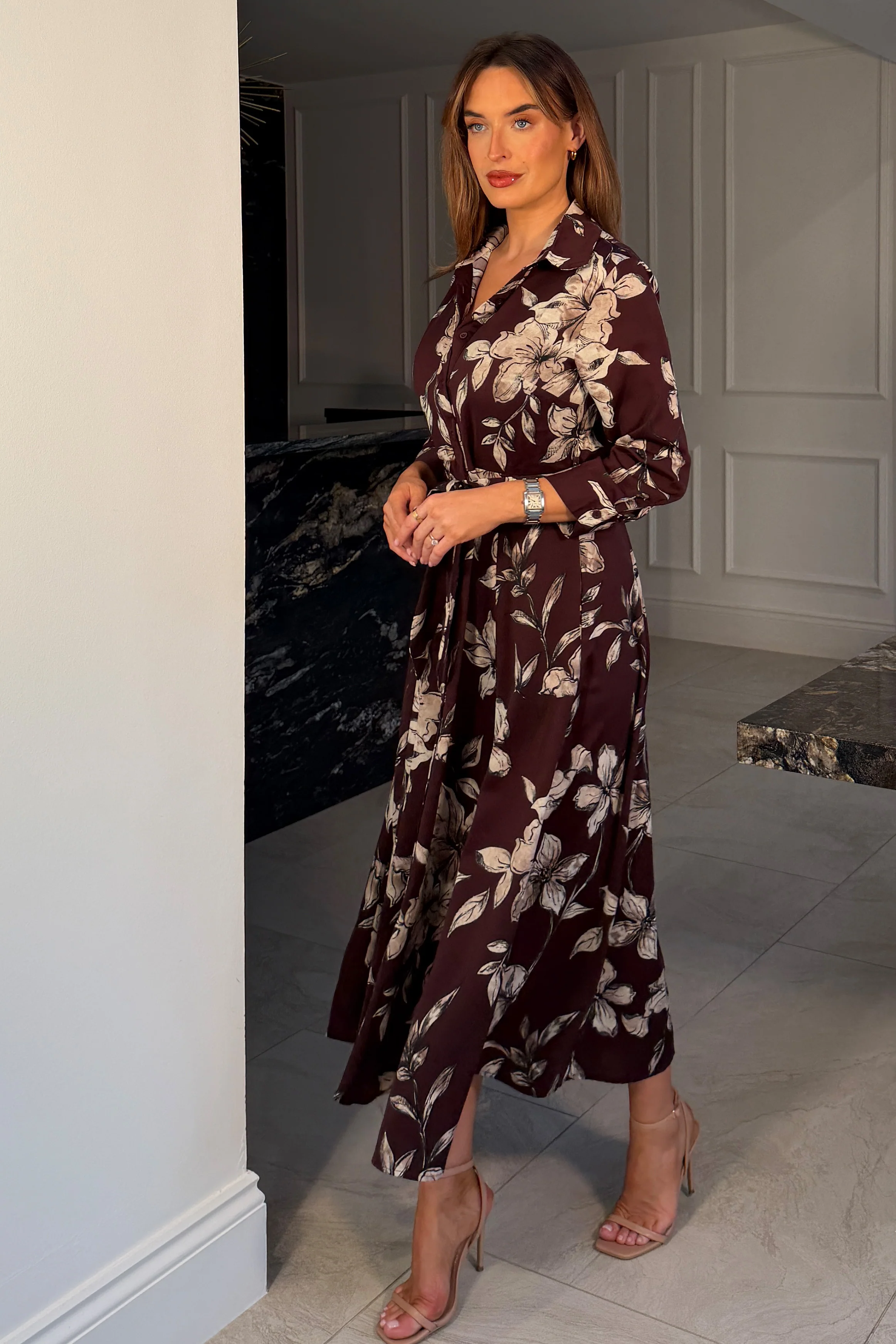 Angela Long Sleeve Maxi Shirt Dress Plum Floral - Image 3