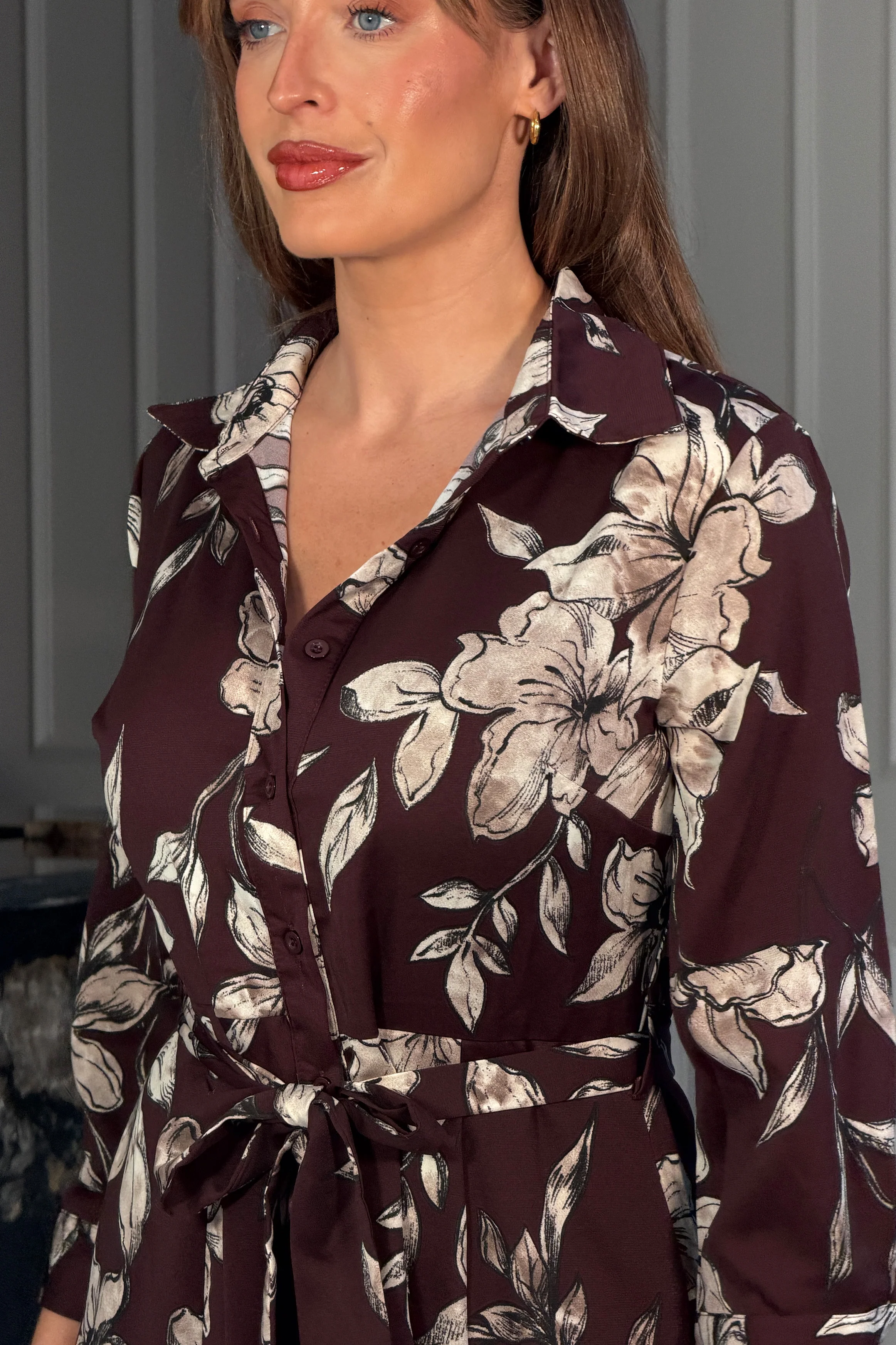 Angela Long Sleeve Maxi Shirt Dress Plum Floral - Image 5