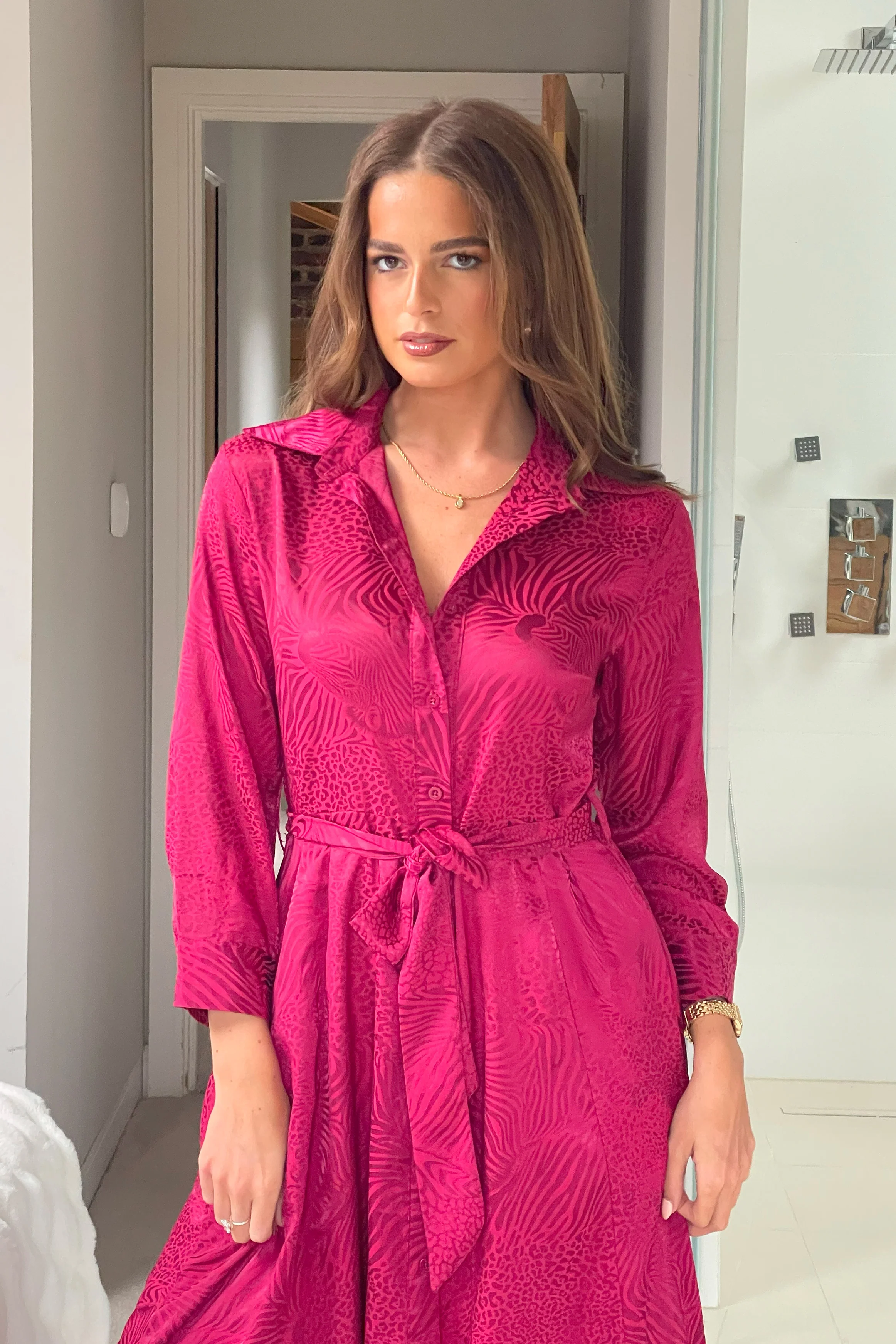 Angela Long Sleeve Maxi Shirt Dress Wine Animal - Image 3
