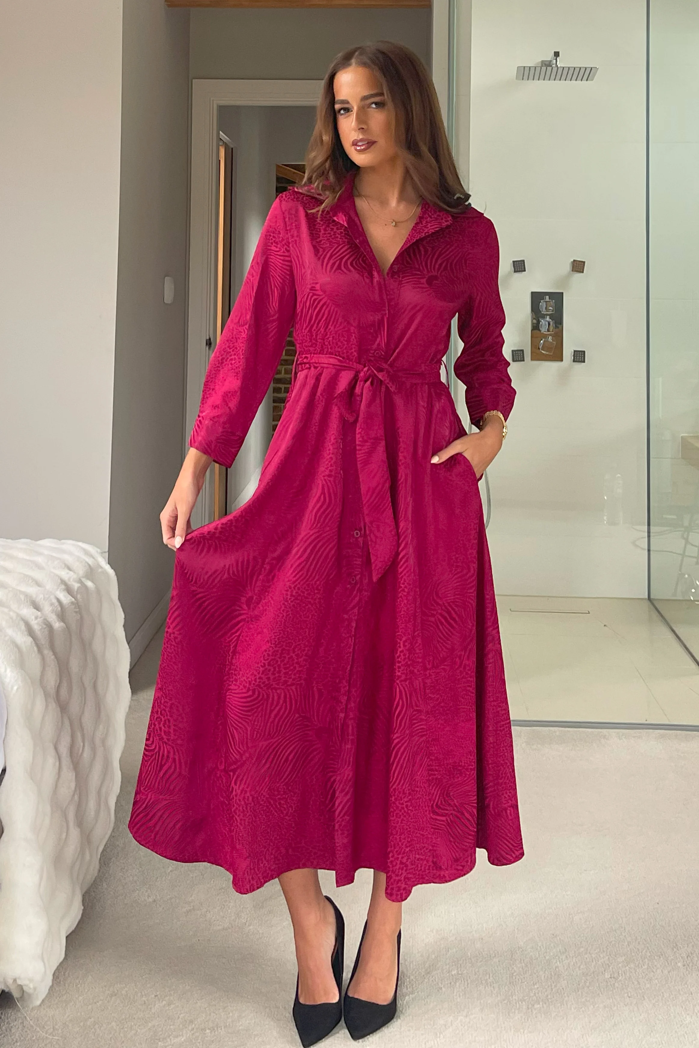 Angela Long Sleeve Maxi Shirt Dress Wine Animal - Image 4