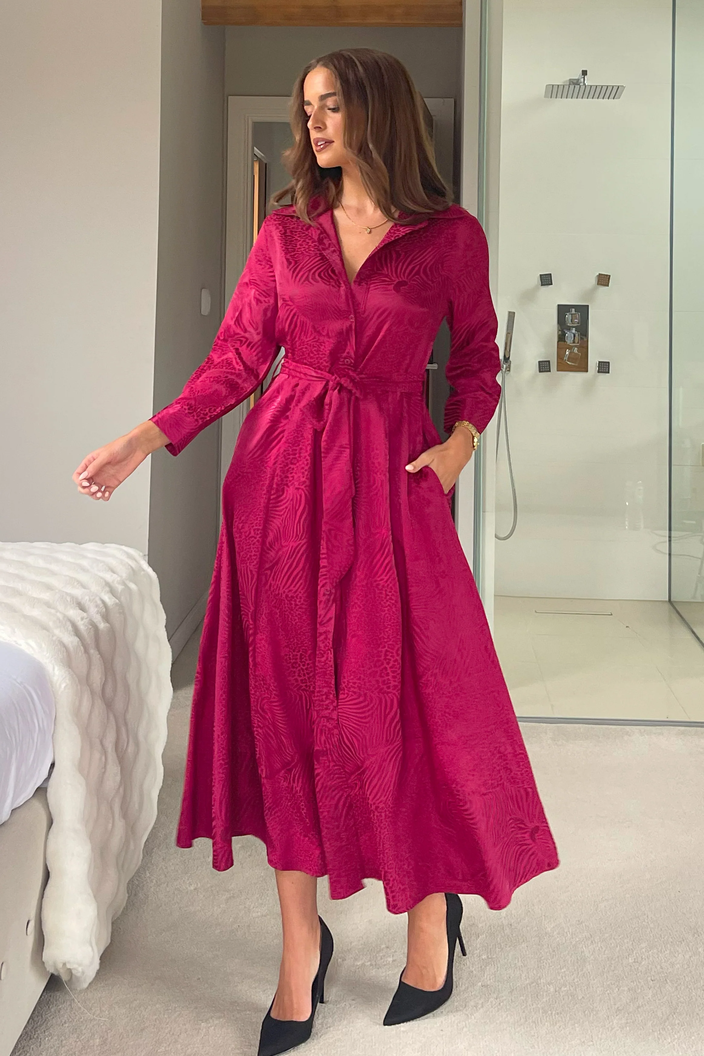 Angela Long Sleeve Maxi Shirt Dress Wine Animal - Image 5