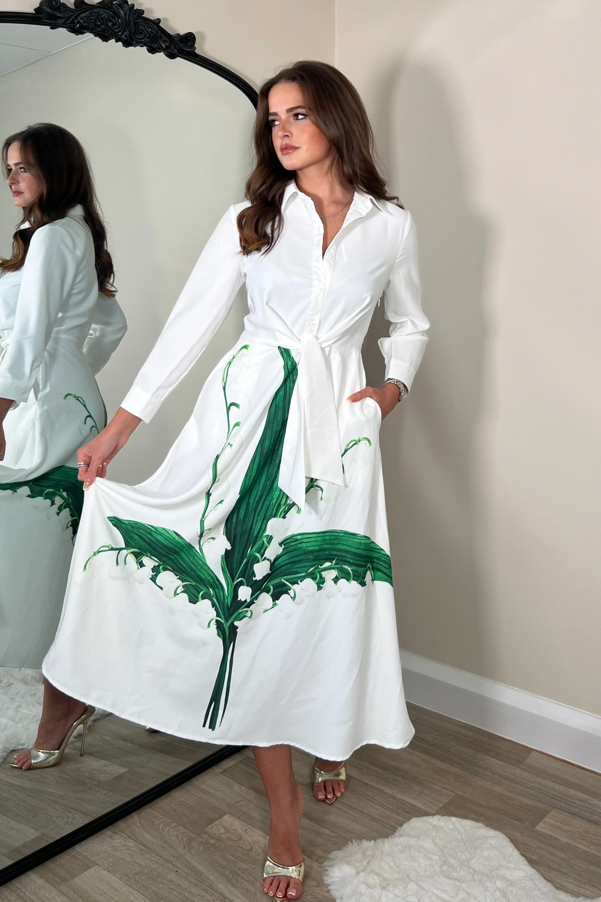 Isabella Long Sleeve Shirt Dress White Green Leaf - Image 3