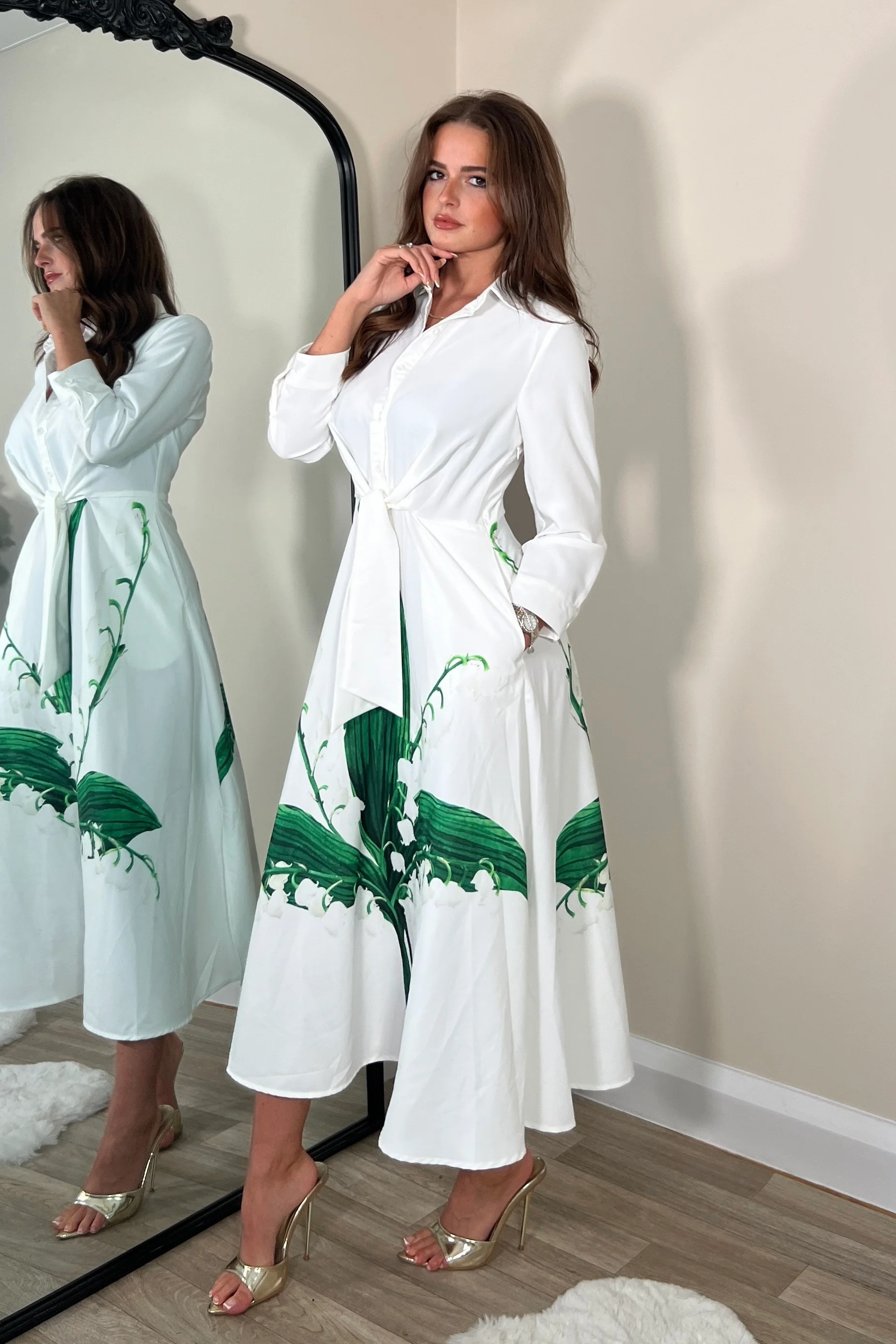 Isabella Long Sleeve Shirt Dress White Green Leaf - Image 4