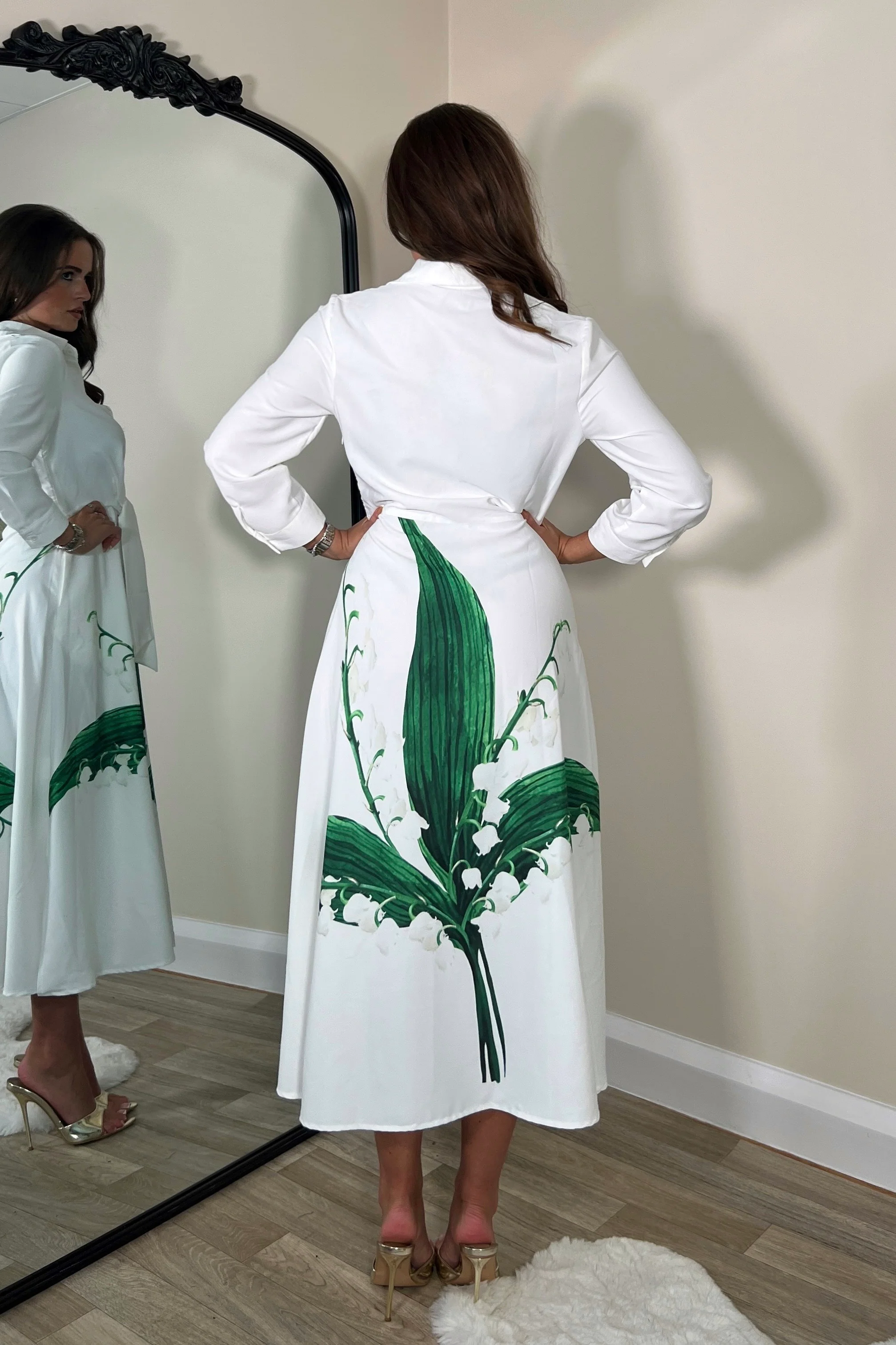Isabella Long Sleeve Shirt Dress White Green Leaf - Image 5