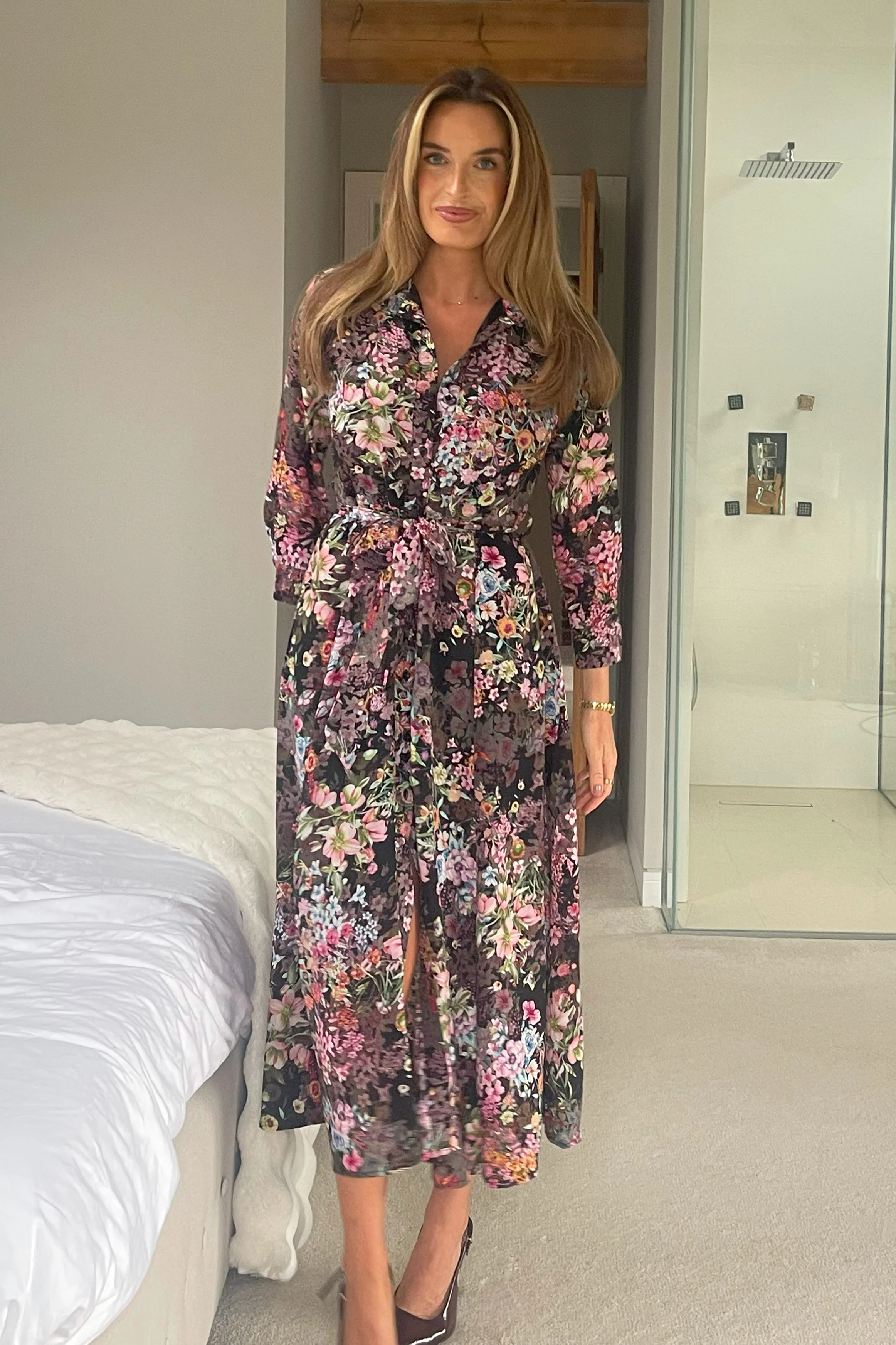 Angela Black Floral Shirt Maxi Dress - Image 4
