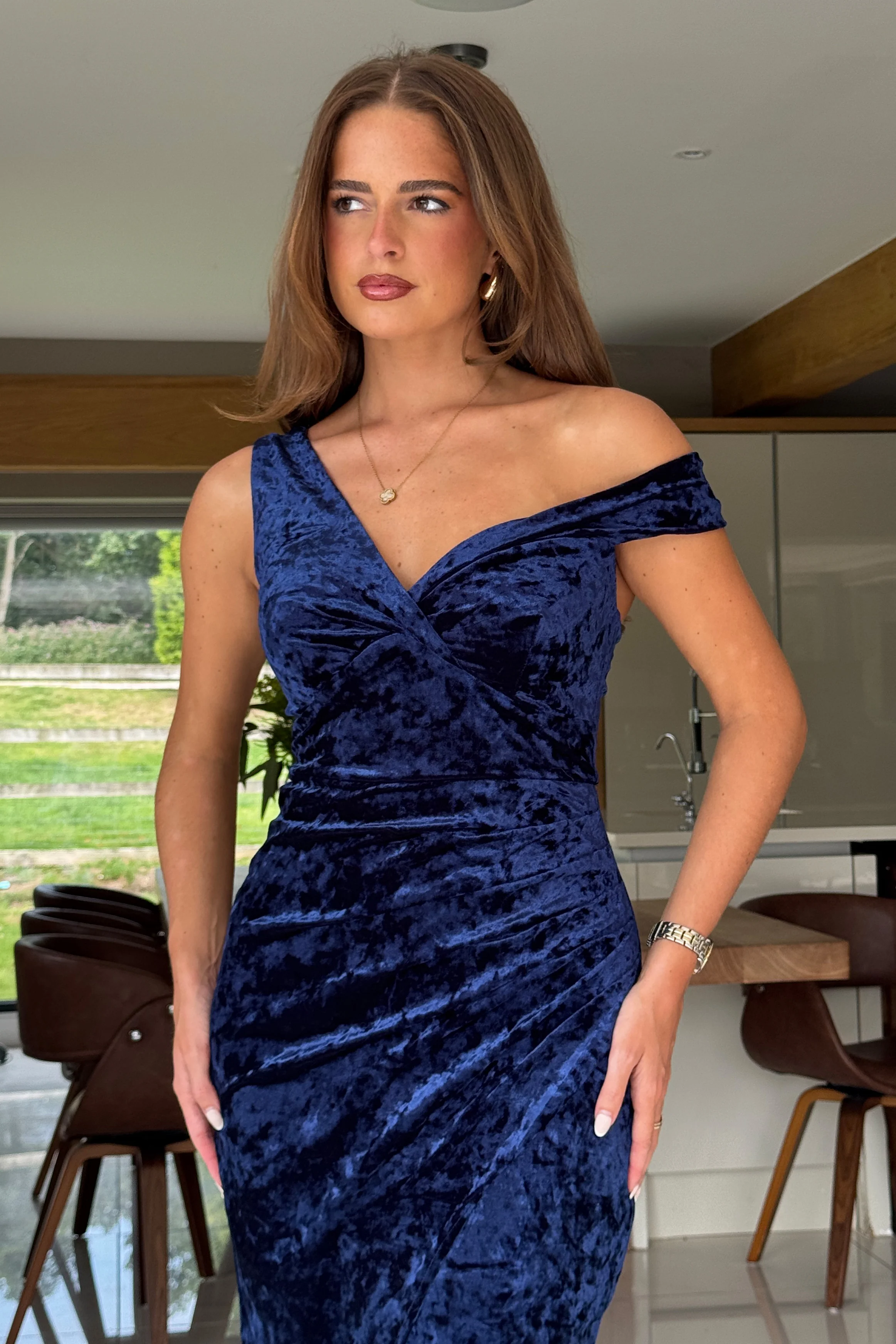 Angelica Navy Velvet Asymmetric Neckline Wrap Midi Dress - Image 2