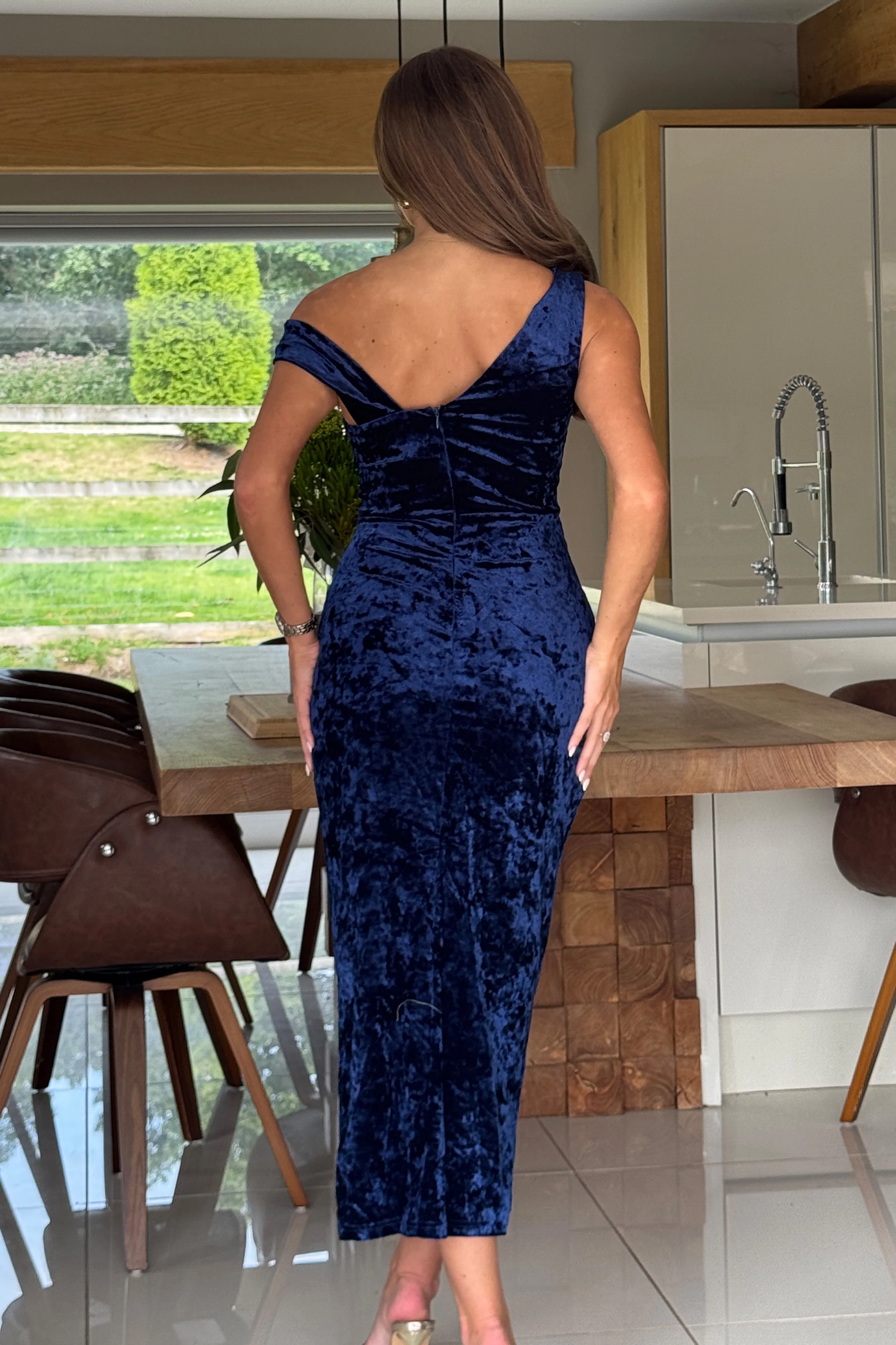 Angelica Navy Velvet Asymmetric Neckline Wrap Midi Dress - Image 4