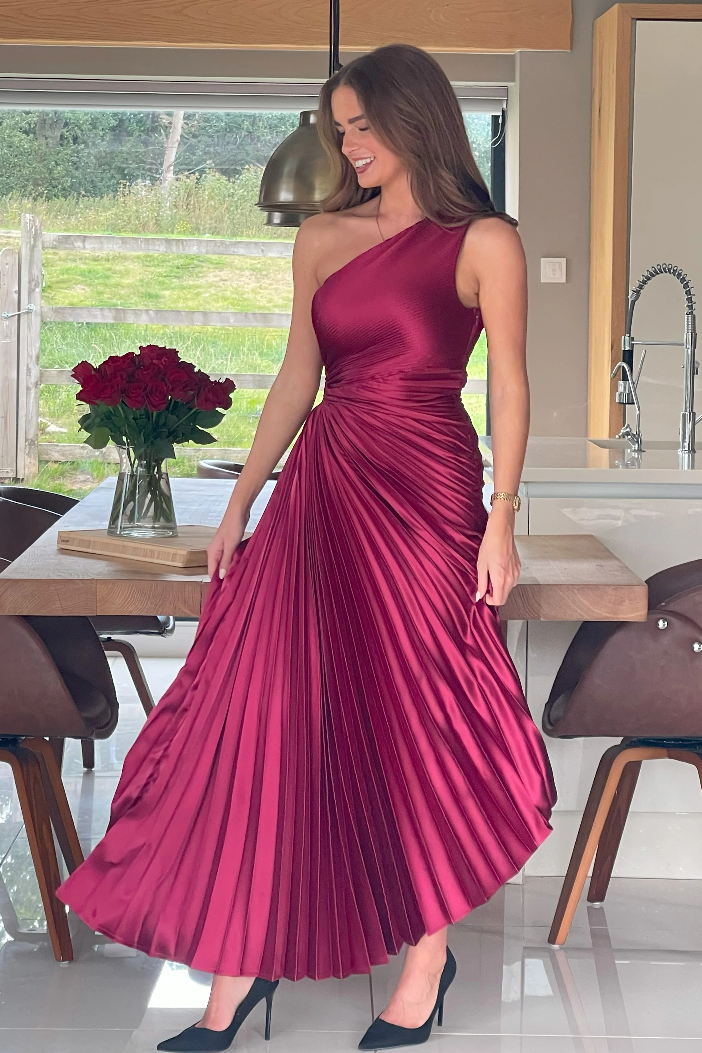Aoife One Shoulder Pleated Midi Dress Berry - Image 5