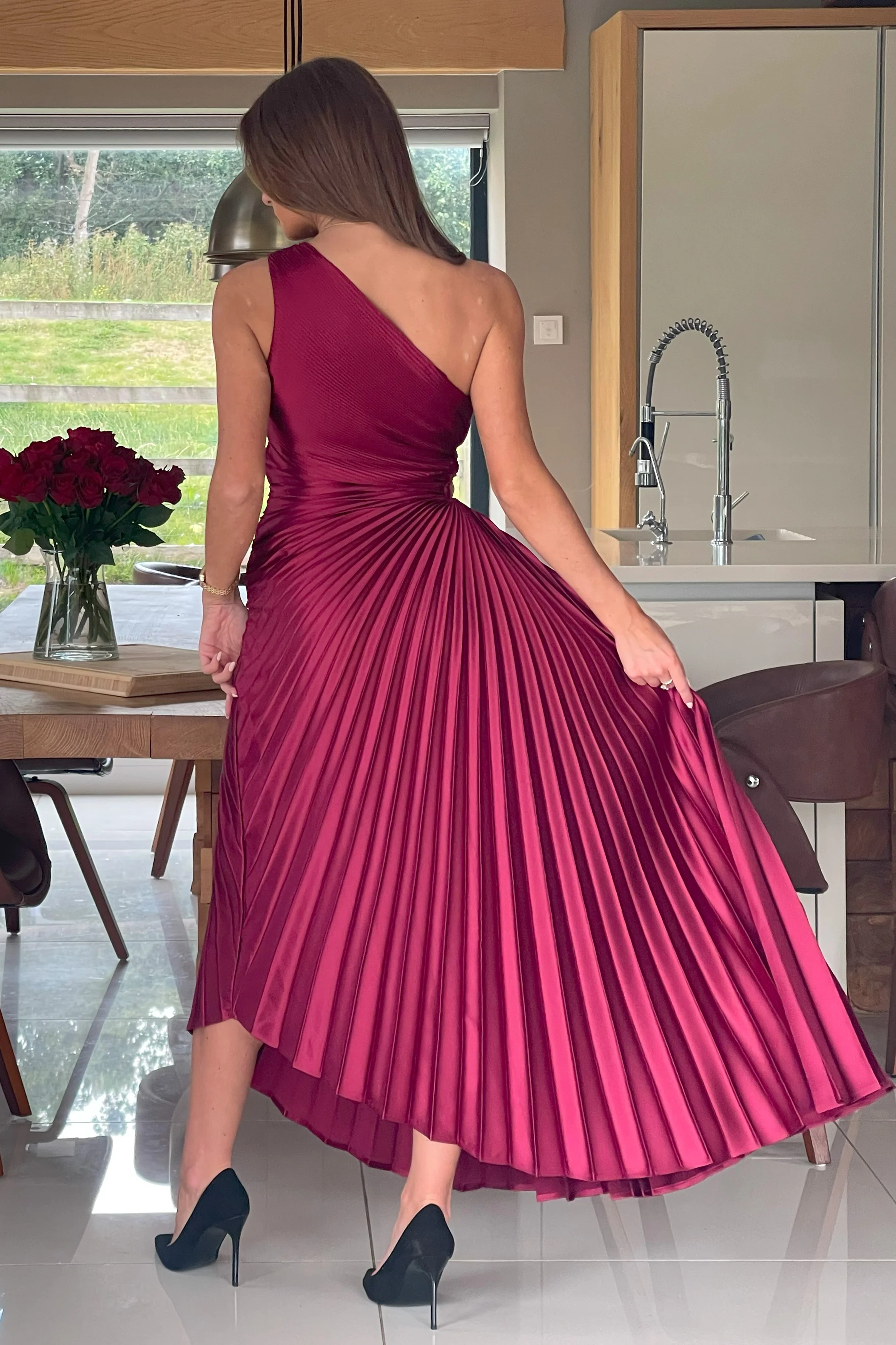 Aoife One Shoulder Pleated Midi Dress Berry - Image 6