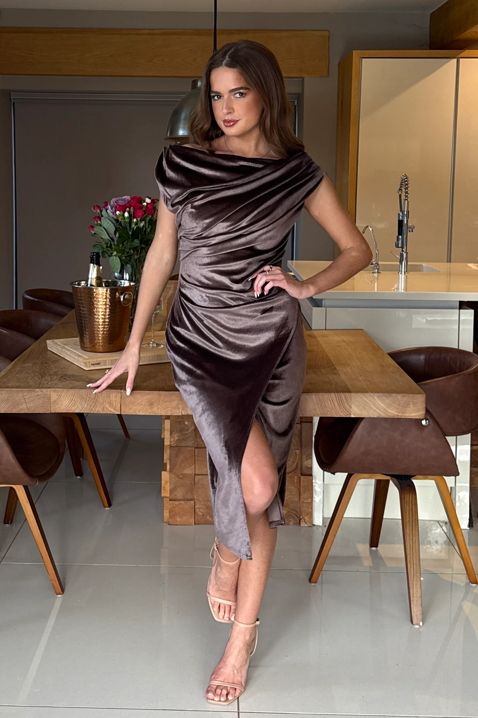 Ariana Asymmetric Chocolate Velvet Midi Dress - Image 3