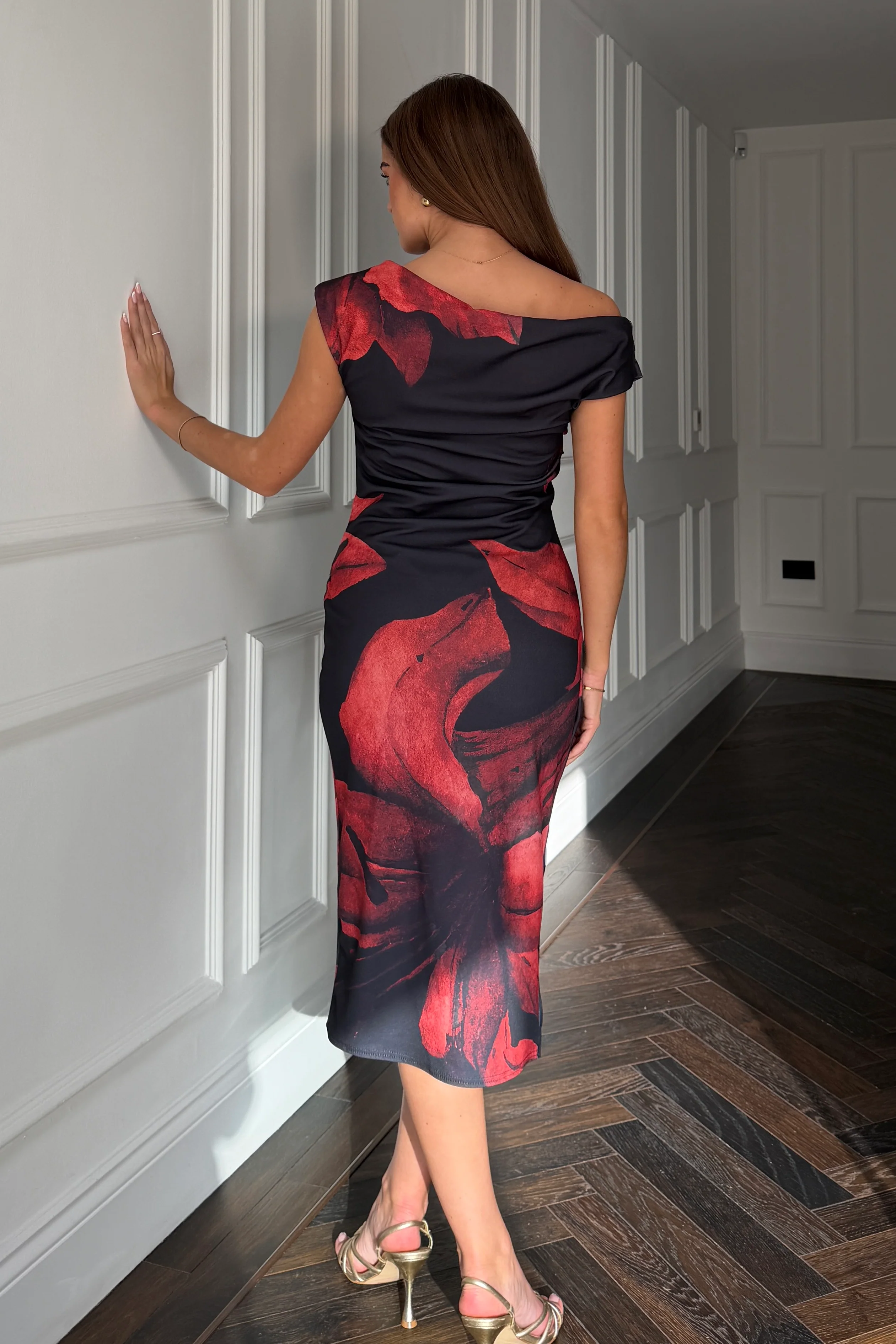 Ariana Asymmetric Neckline Midi Dress Black Red - Image 6
