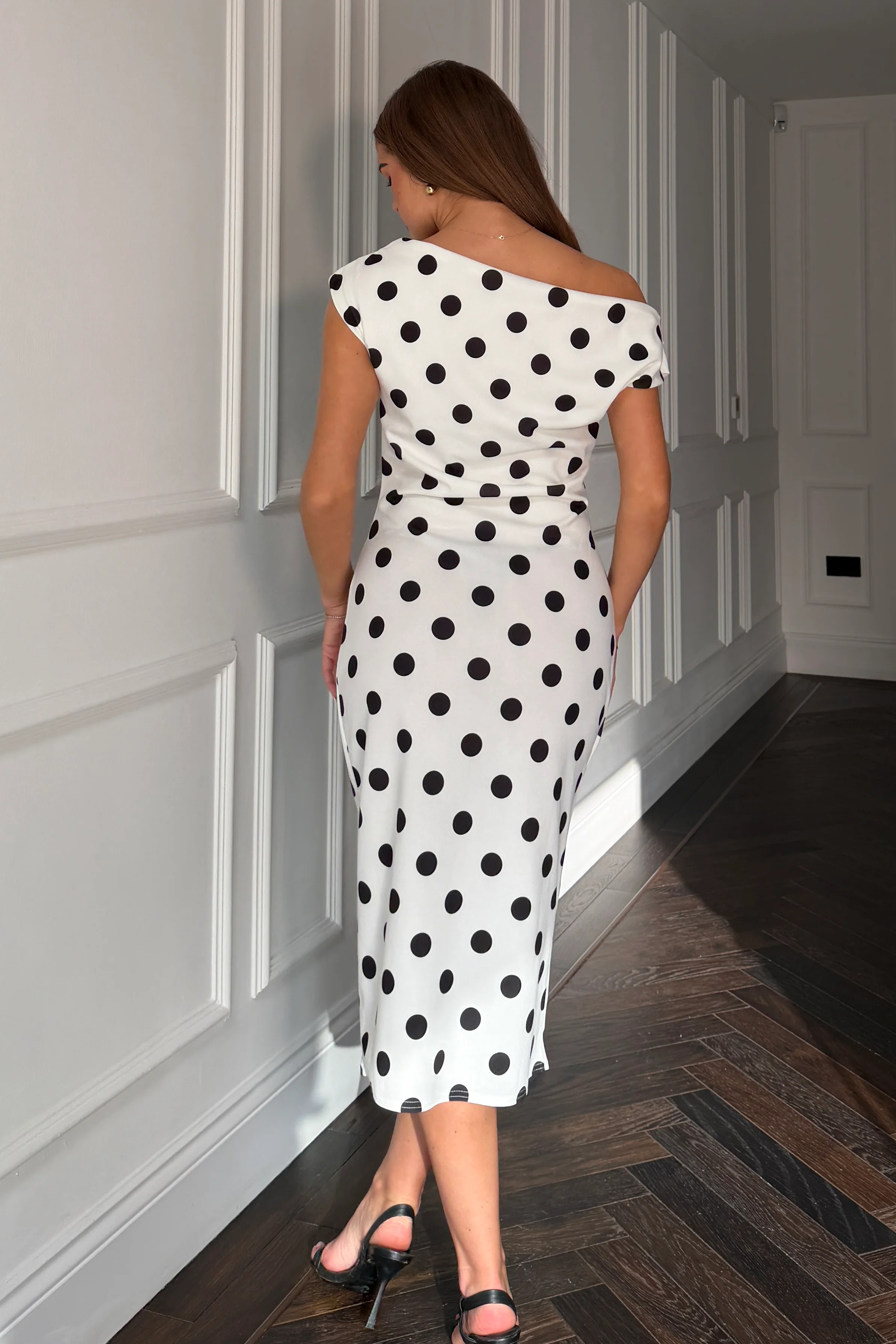 Ariana Asymmetric Neckline Midi Dress White Spot - Image 4
