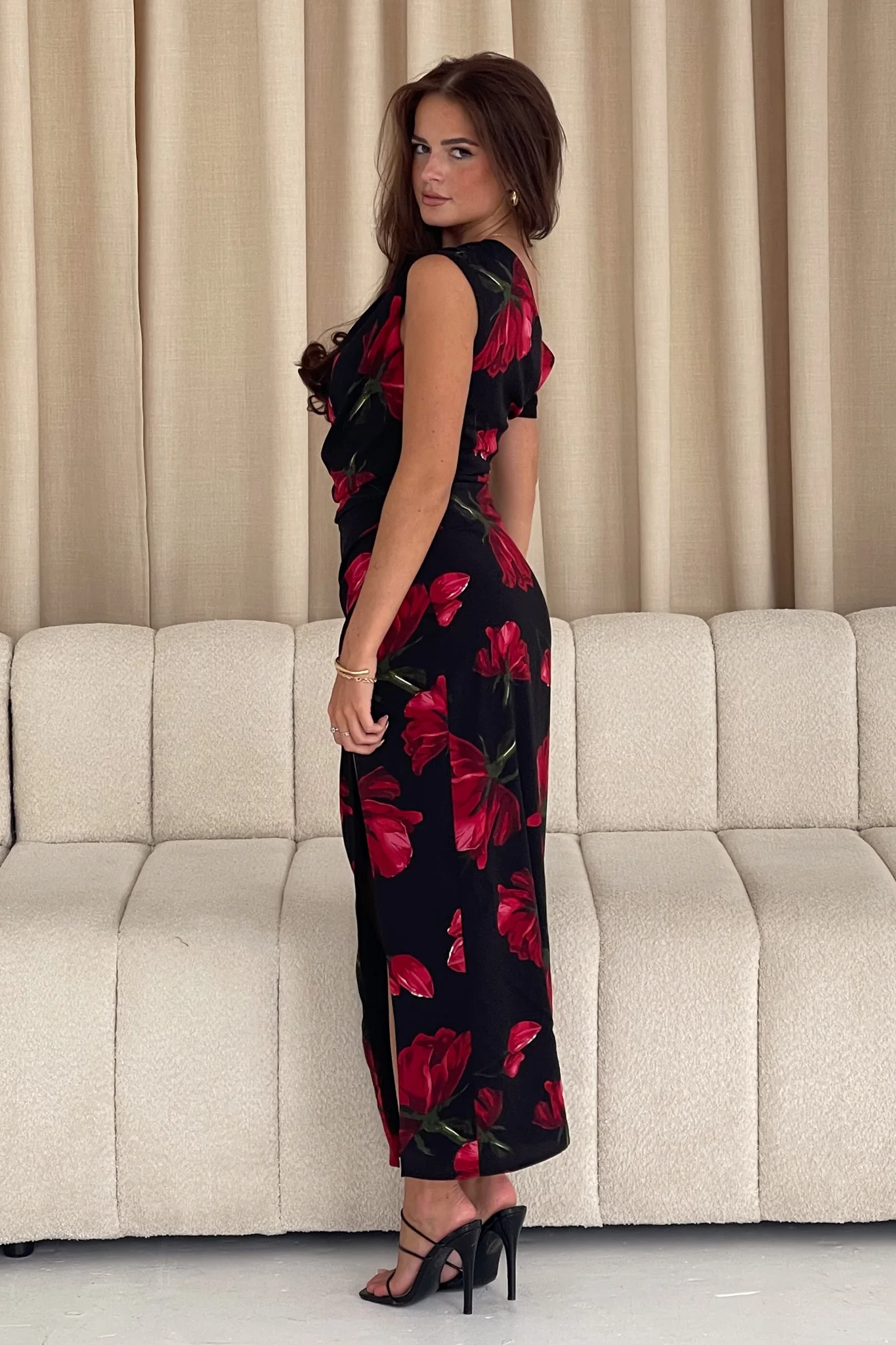 Ariana Asymmetric Red Floral Midi Dress - Image 4