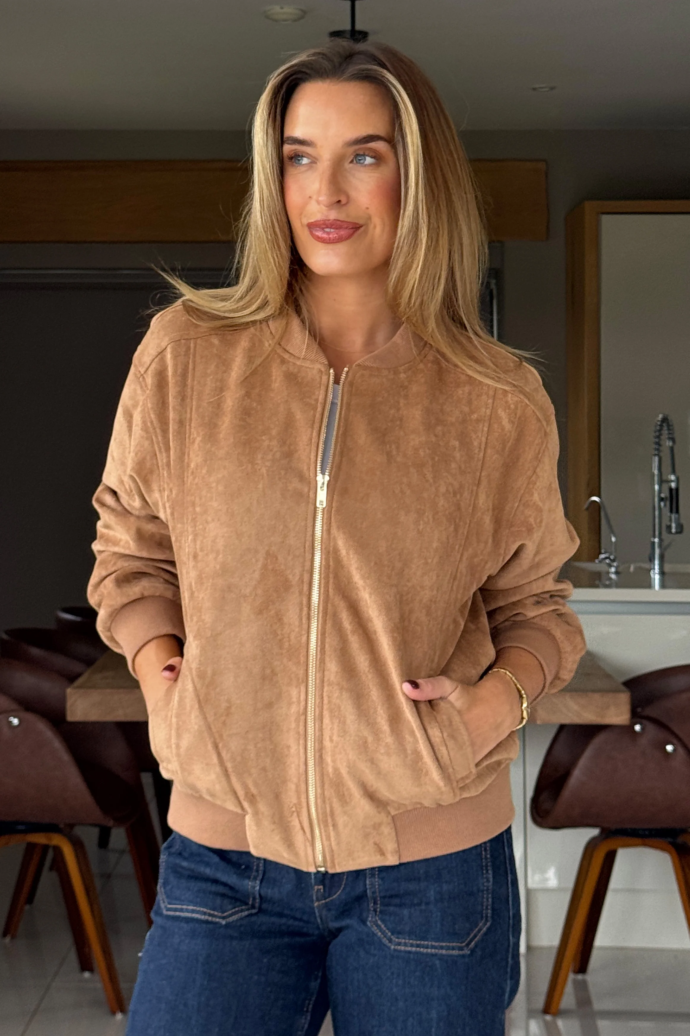 Arwen Suedette Classic Bomber Jacket Stone - Image 3