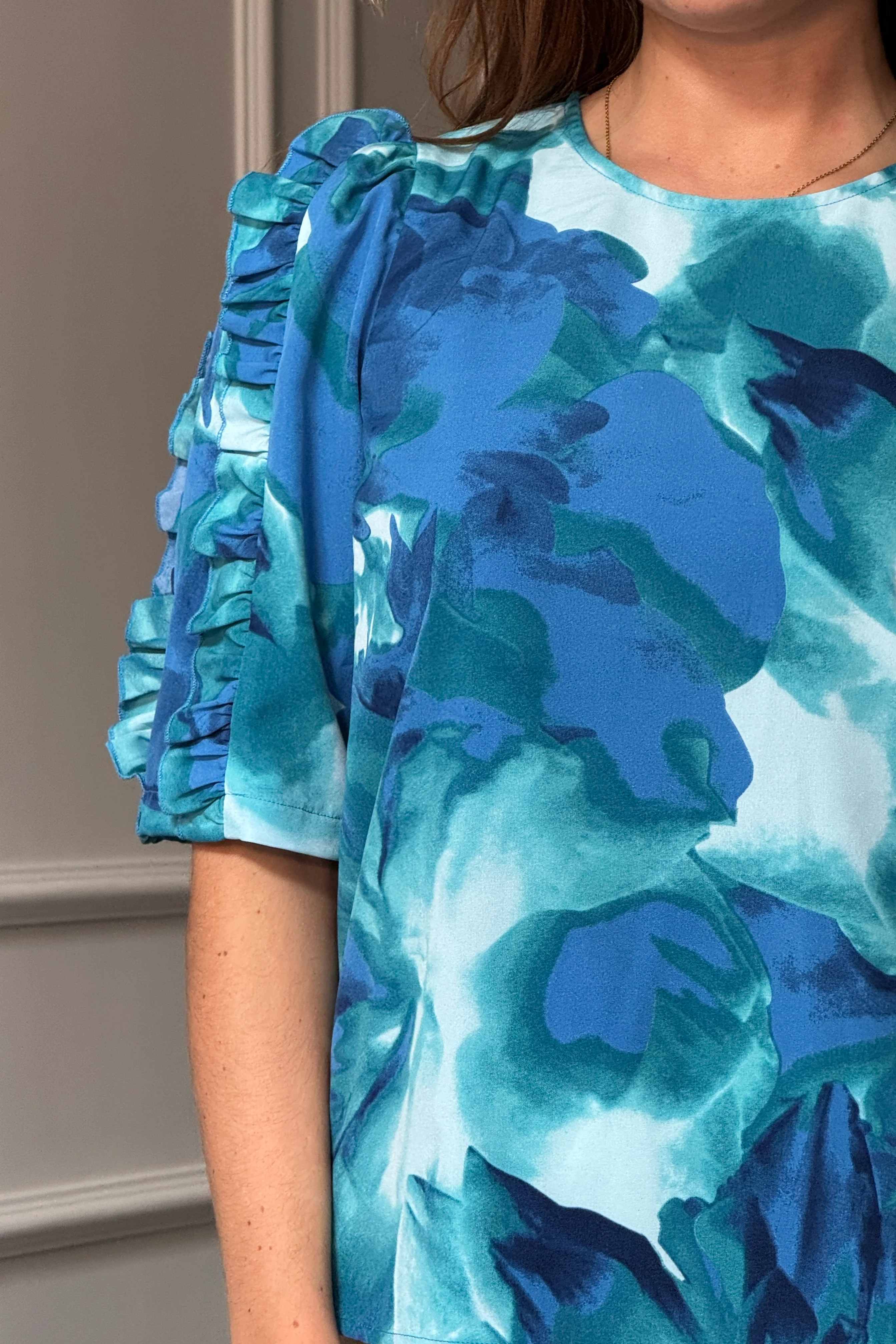 Asher Blue Floral Print Frill Sleeve Top - Image 2