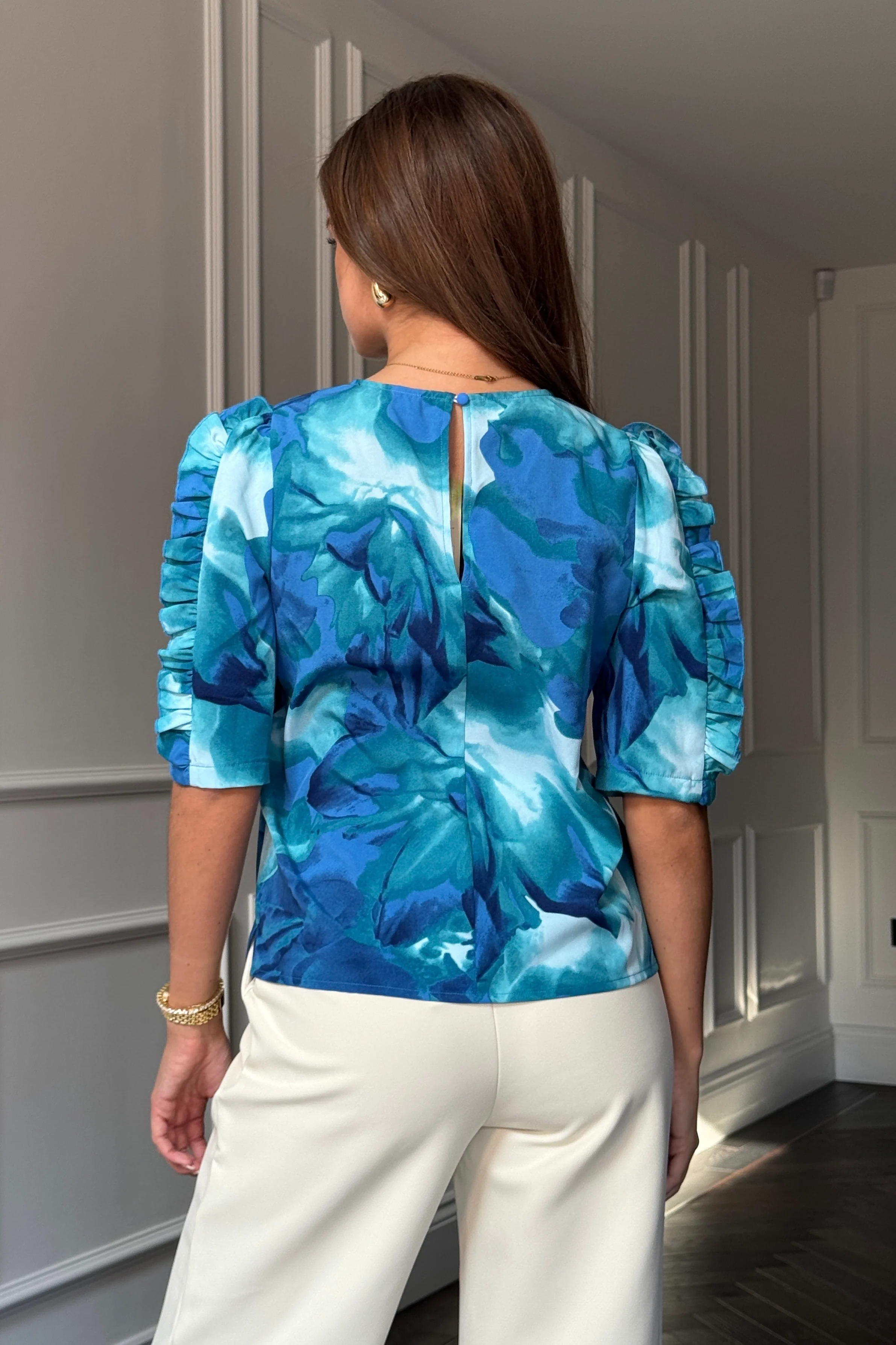 Asher Blue Floral Print Frill Sleeve Top - Image 4