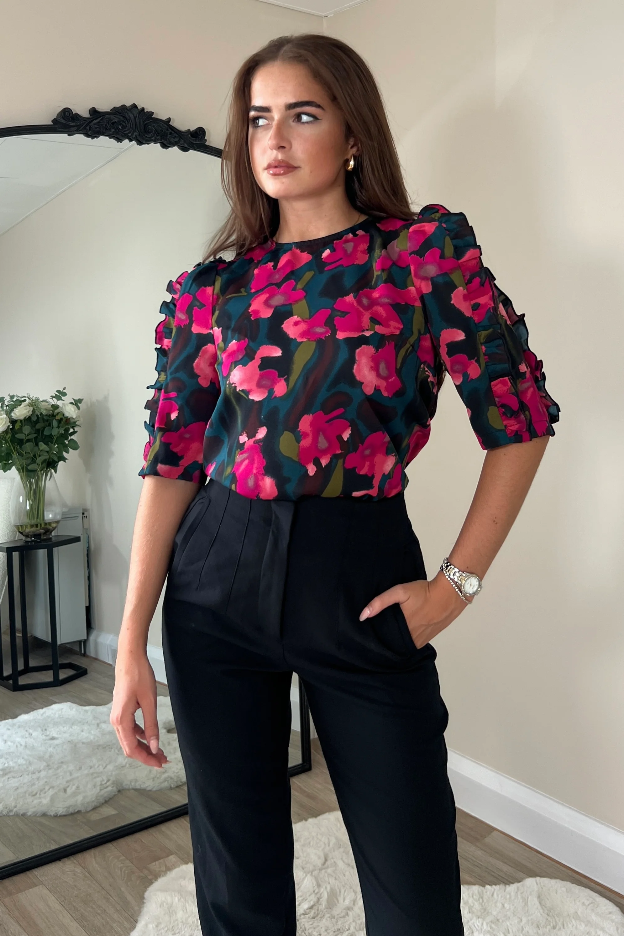 Asher Pink Floral Frill Sleeve Top - Image 2