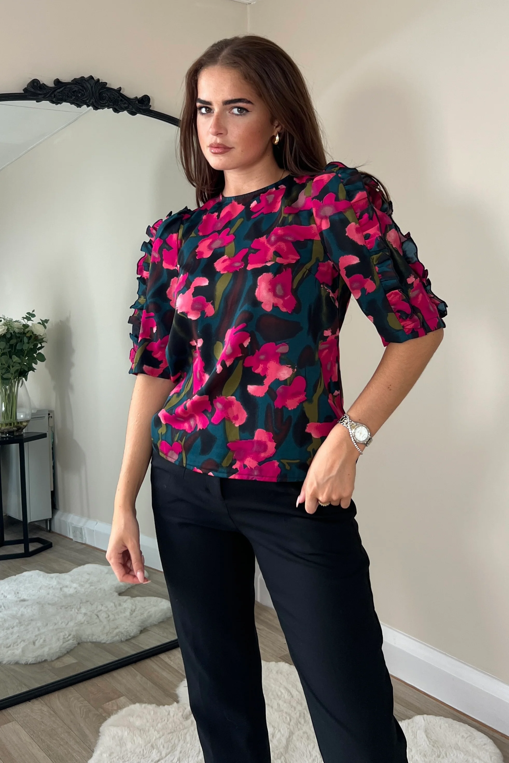 Asher Pink Floral Frill Sleeve Top - Image 3
