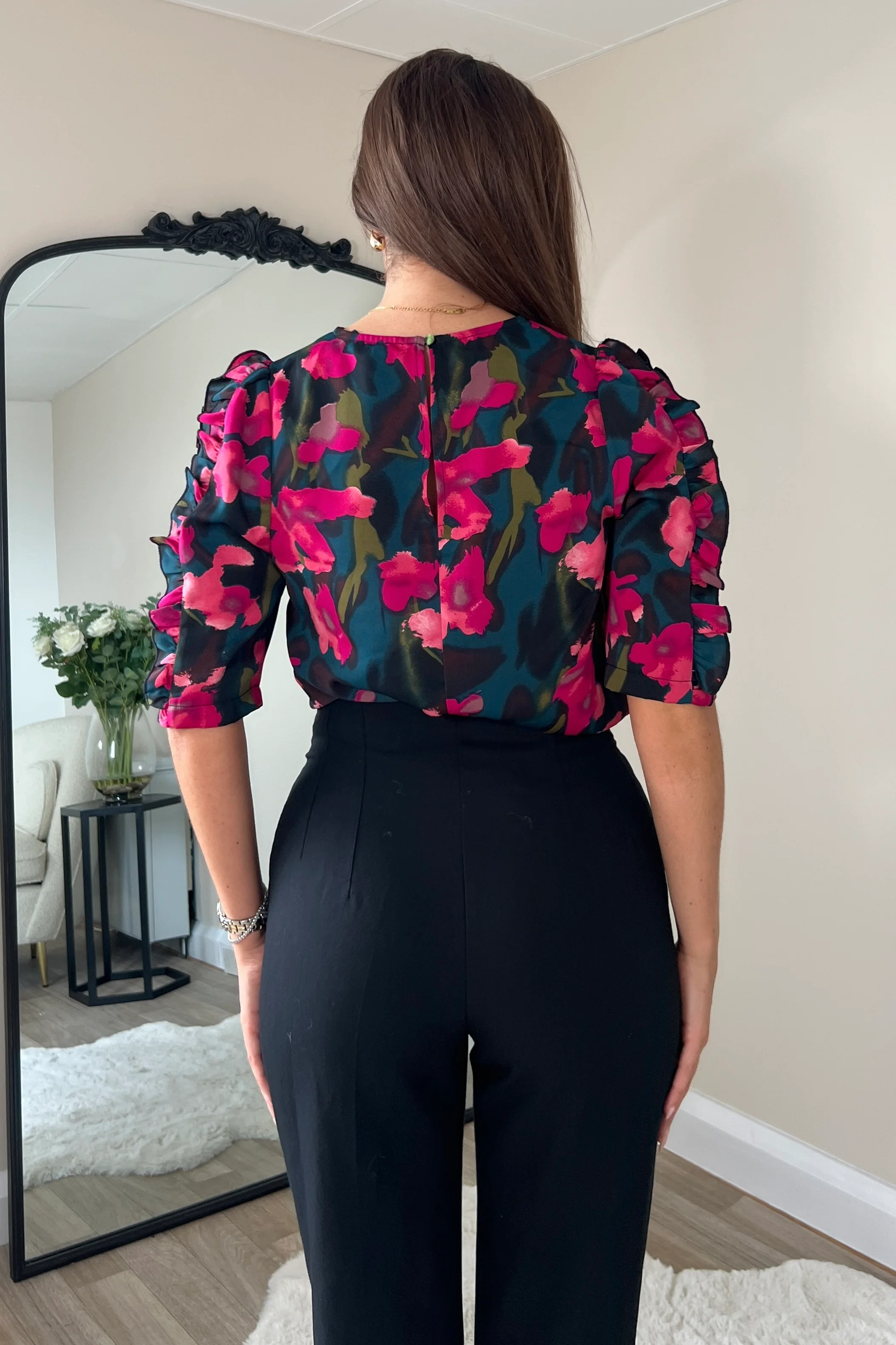 Asher Pink Floral Frill Sleeve Top - Image 5
