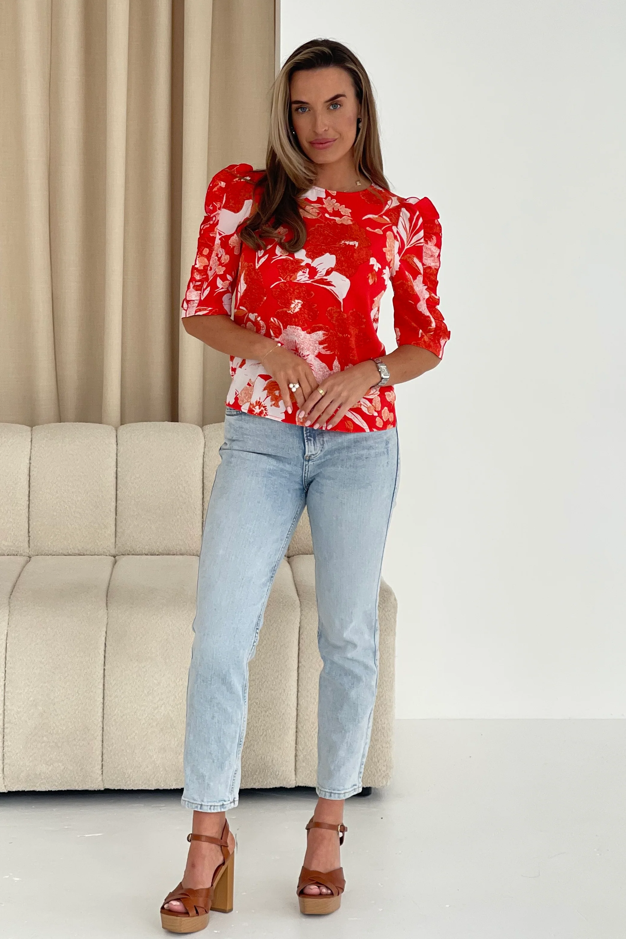 Asher Red Floral Print Frill Sleeve Top - Image 3