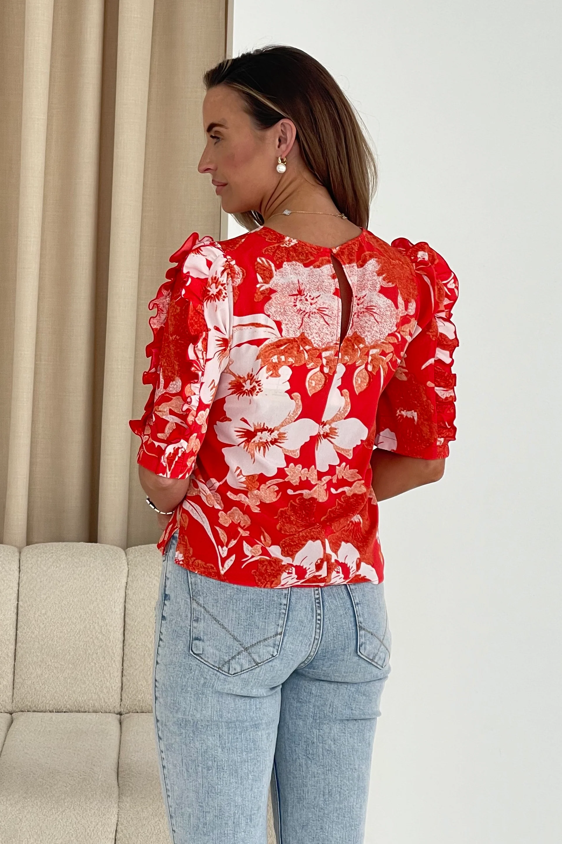 Asher Red Floral Print Frill Sleeve Top - Image 5