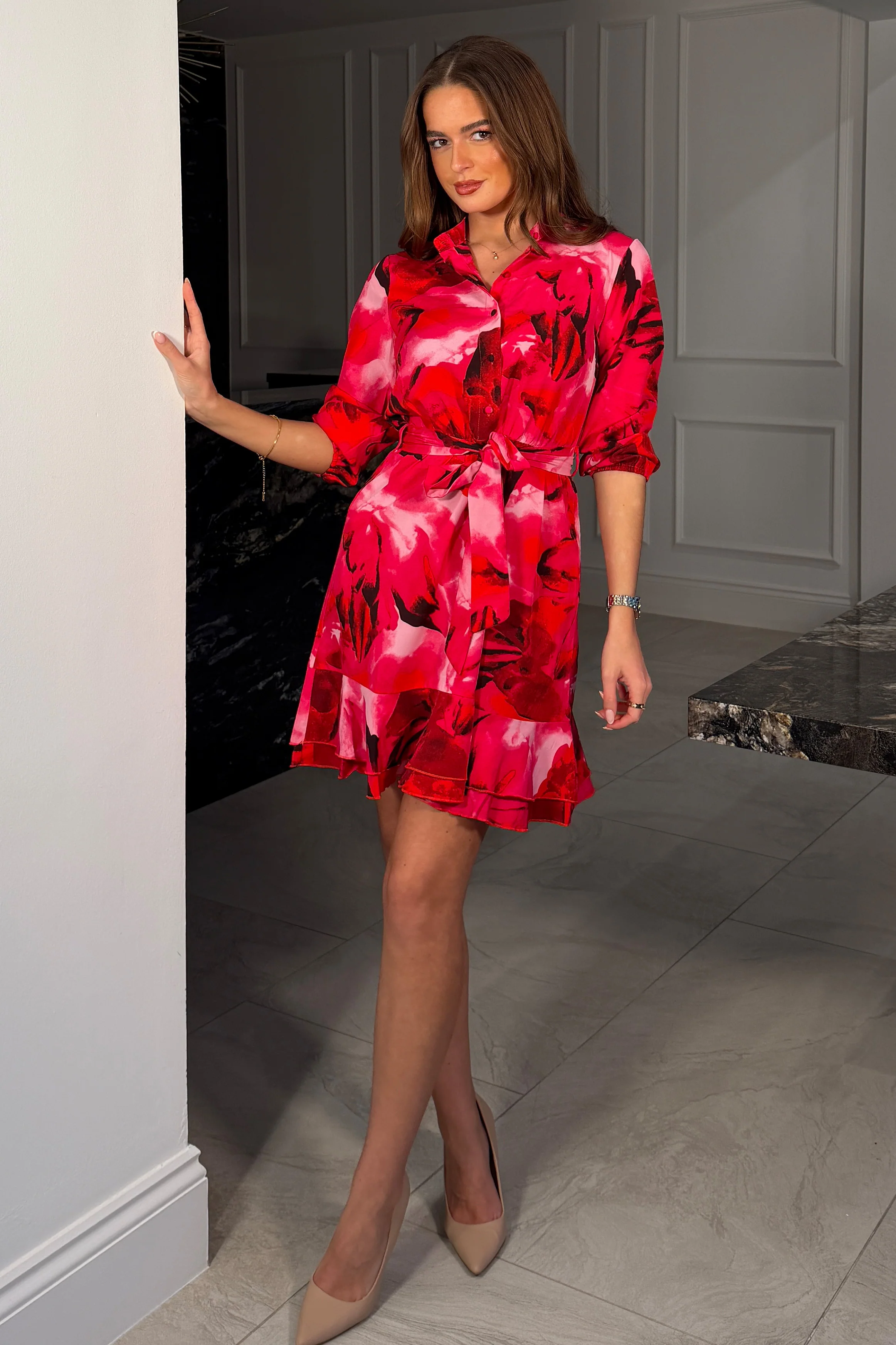 Ashton Pink Floral Frill Mini Dress - Image 3