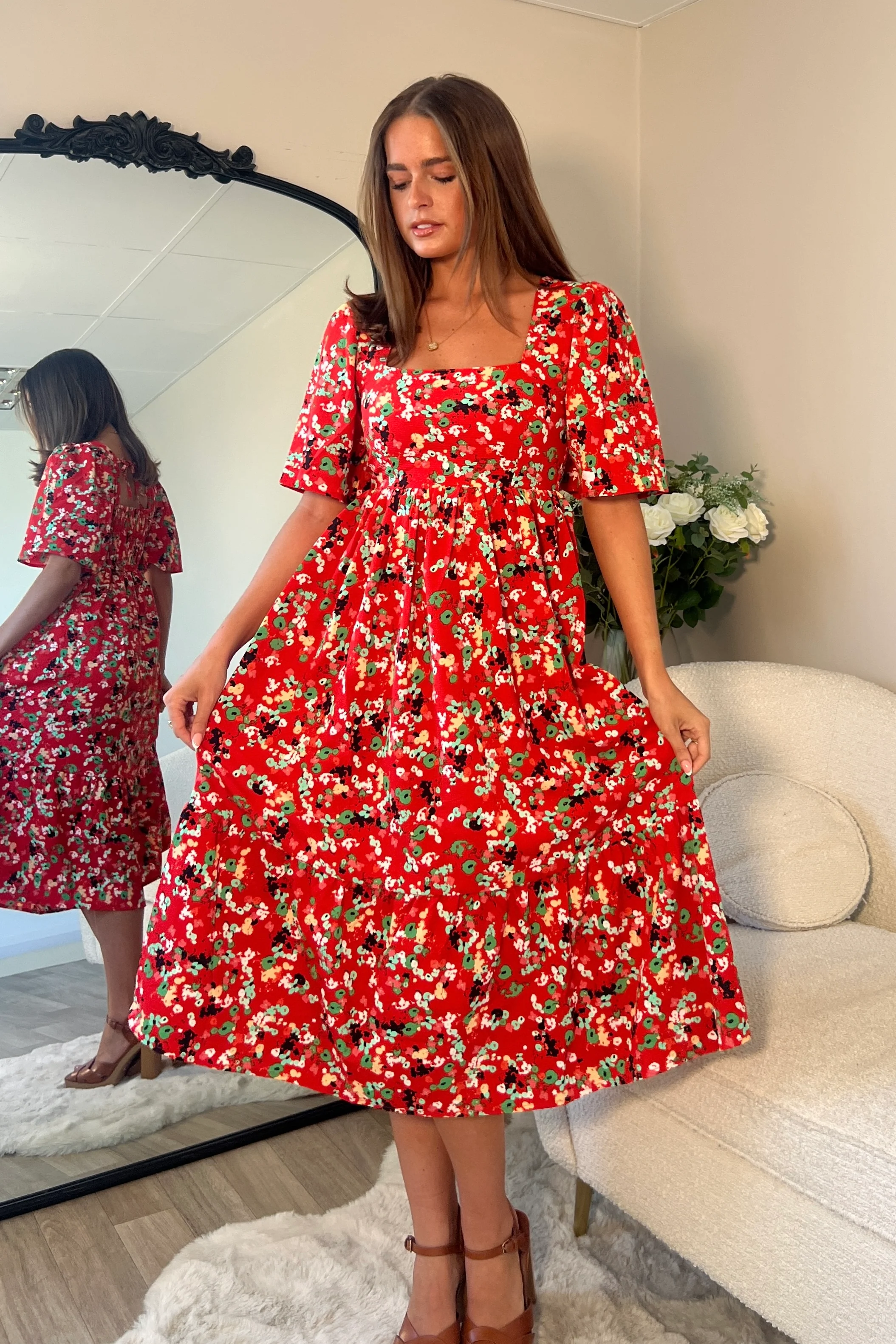 Aspen Square Neck Tiered Midaxi Dress Red - Image 3