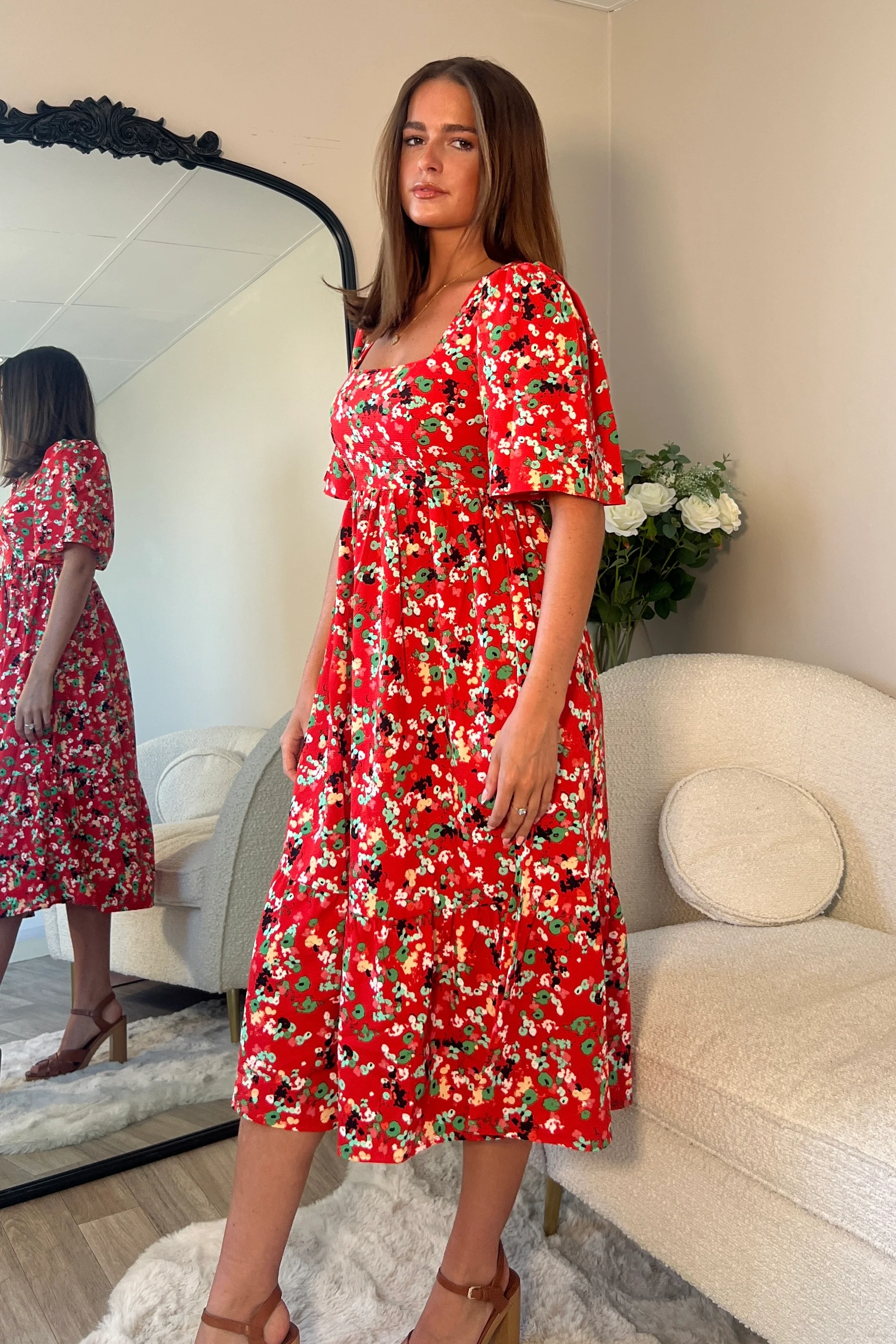 Aspen Square Neck Tiered Midaxi Dress Red - Image 4