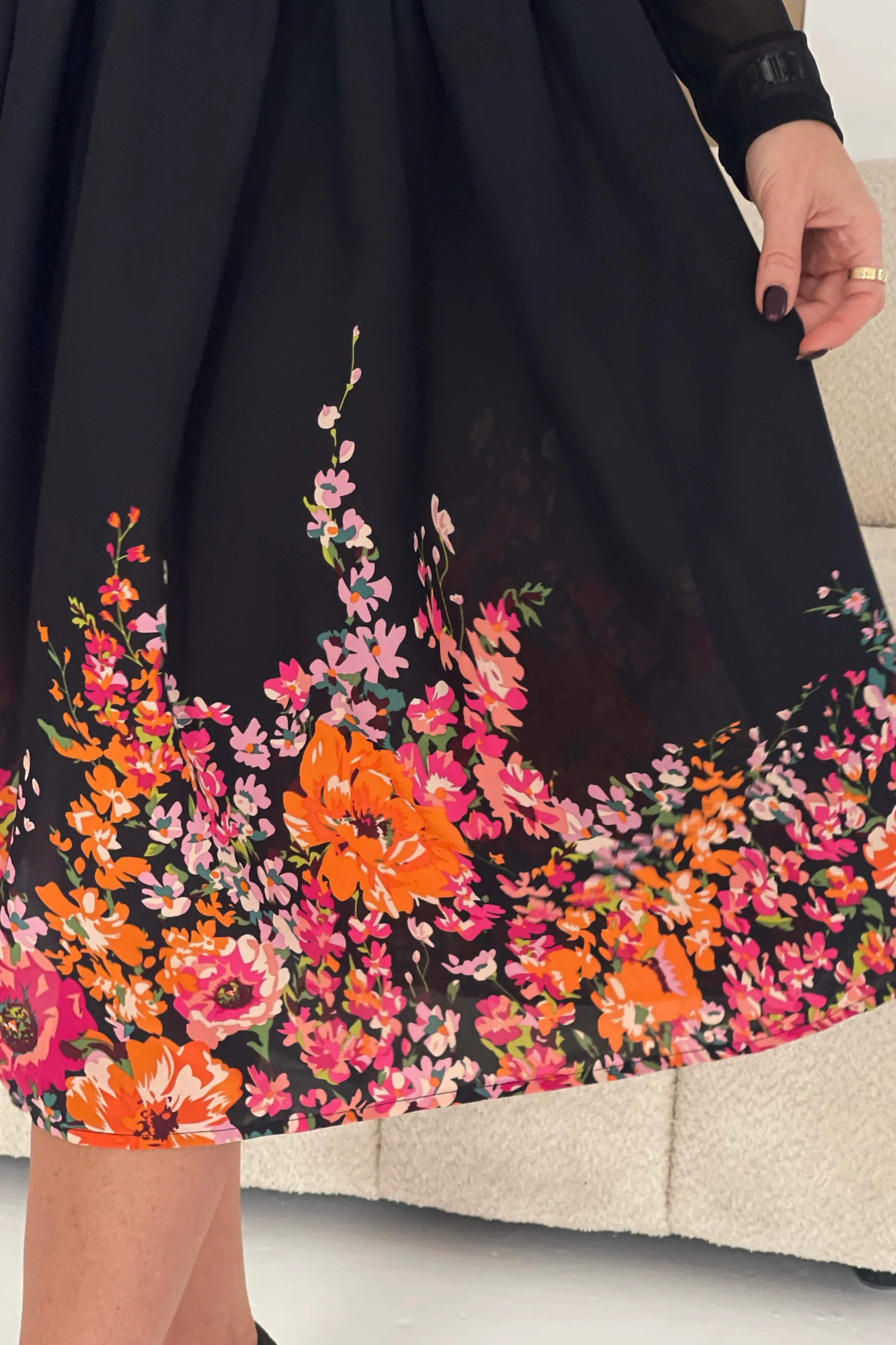 Aster Bardot Floral Border Midi Dress Black Floral - Image 3