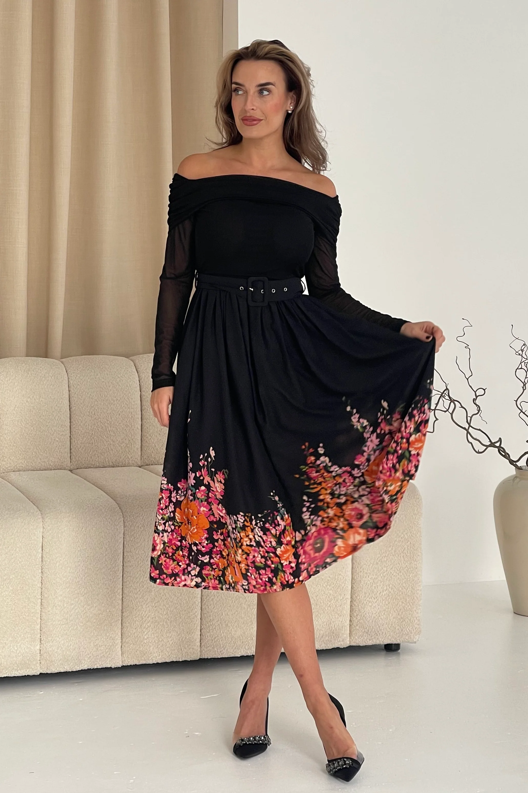 Aster Bardot Floral Border Midi Dress Black Floral - Image 4