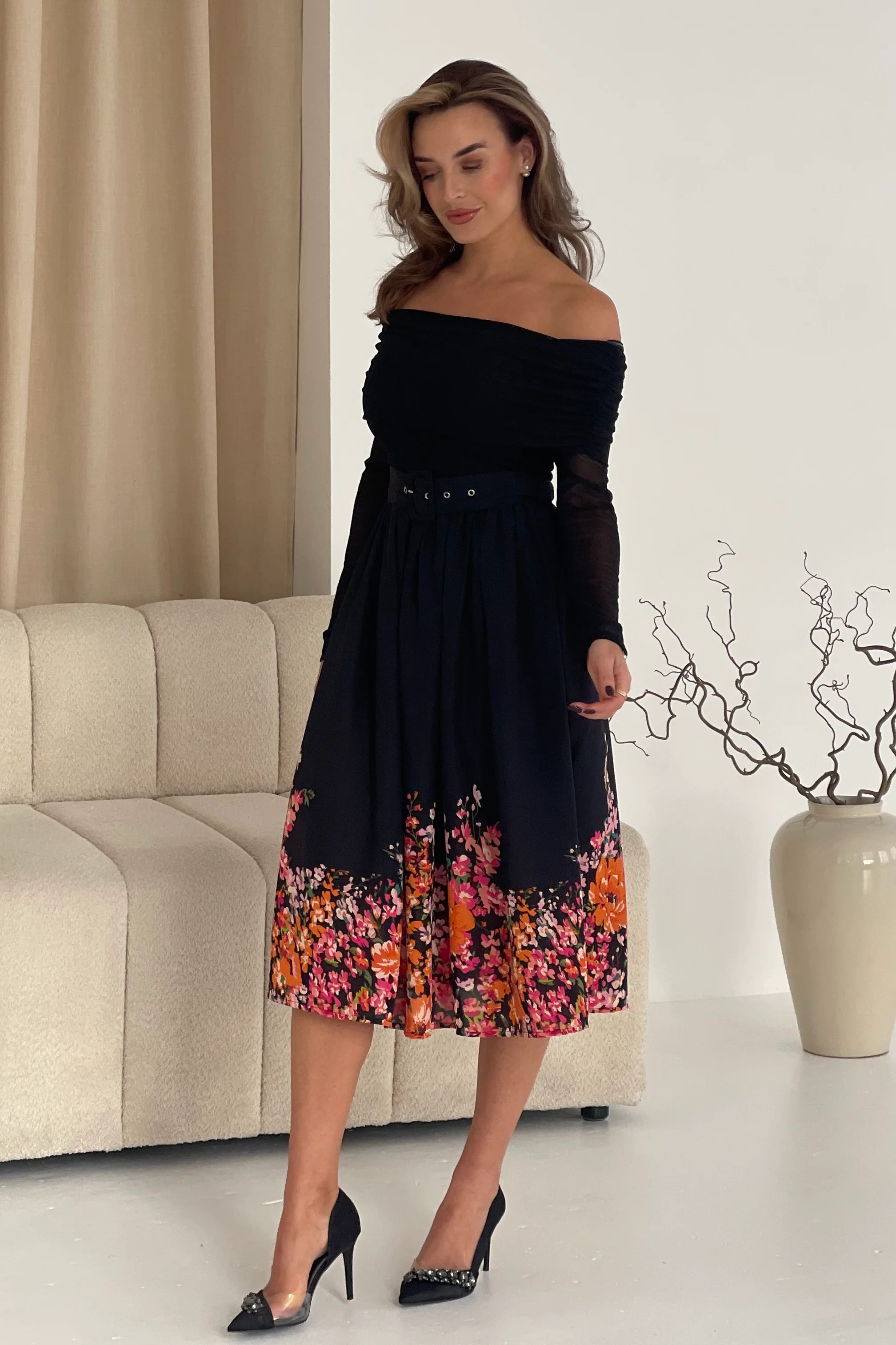 Aster Bardot Floral Border Midi Dress Black Floral - Image 5