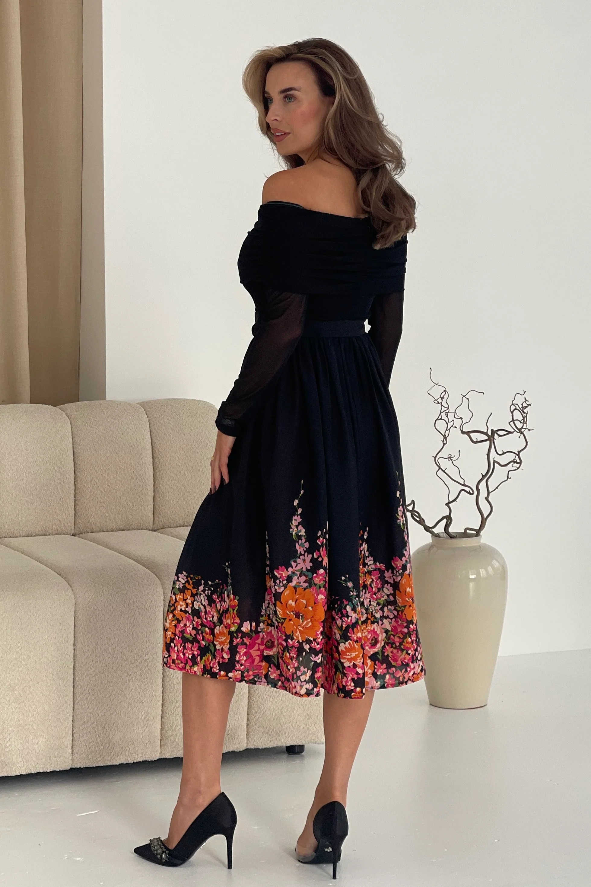 Aster Bardot Floral Border Midi Dress Black Floral - Image 6